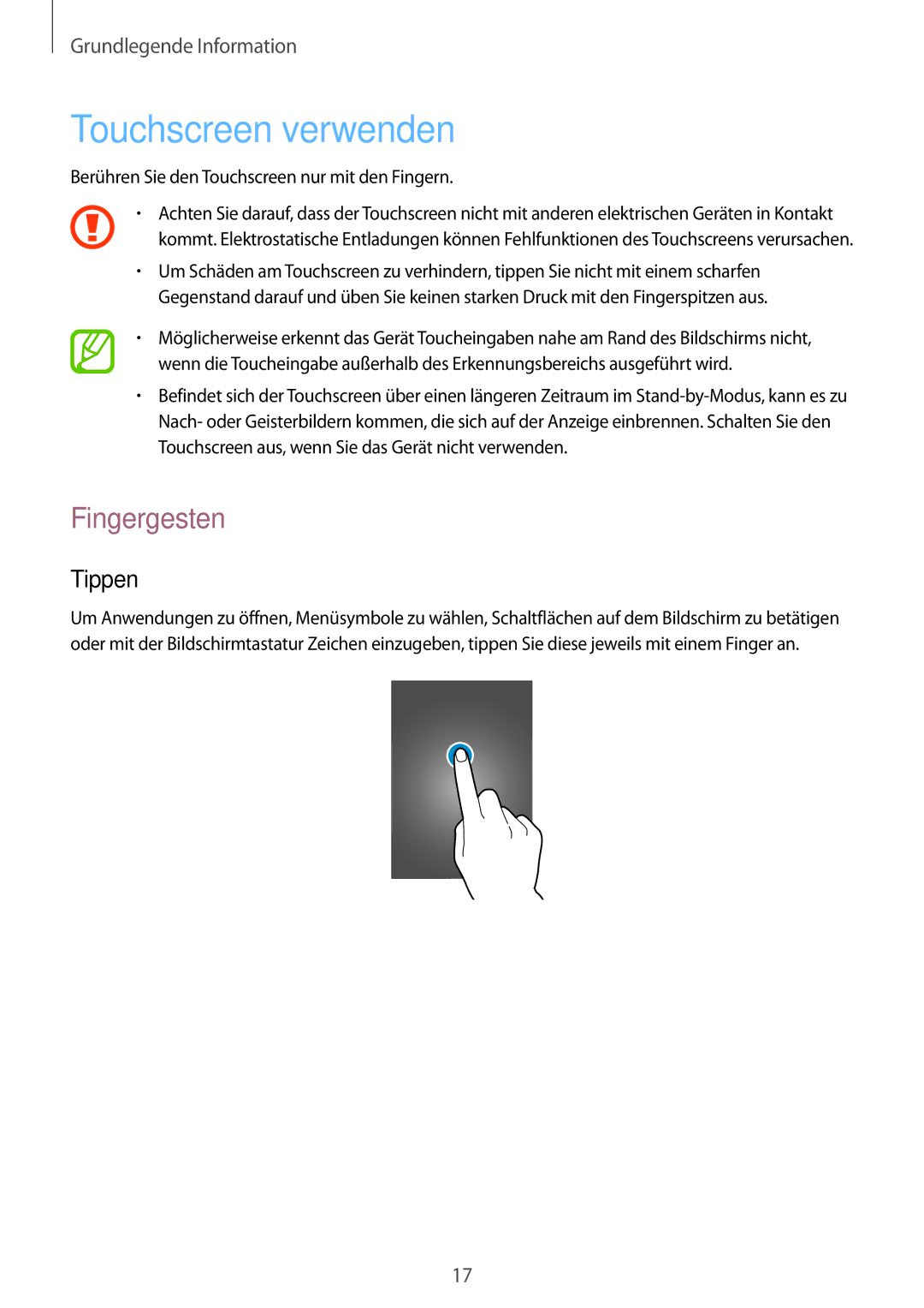 Samsung SM-T2100MKADBT, SM-T2100ZWAATO, SM-T2100GNAATO, SM-T2100ZWATUR manual Touchscreen verwenden, Fingergesten, Tippen 