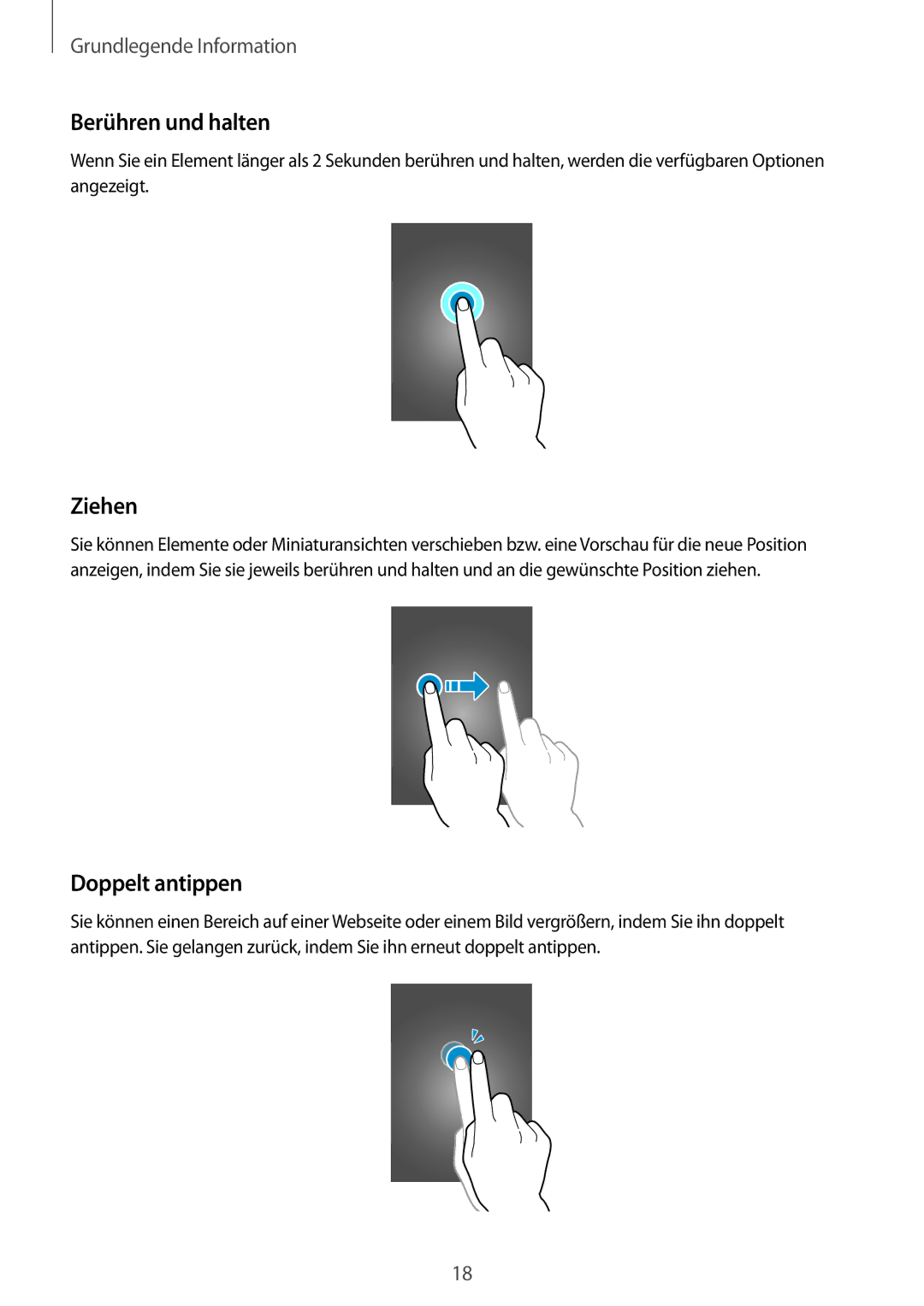 Samsung SM-T2100ZWATUR, SM-T2100ZWAATO, SM-T2100GNAATO, SM-T2100MKADBT manual Berühren und halten, Ziehen, Doppelt antippen 