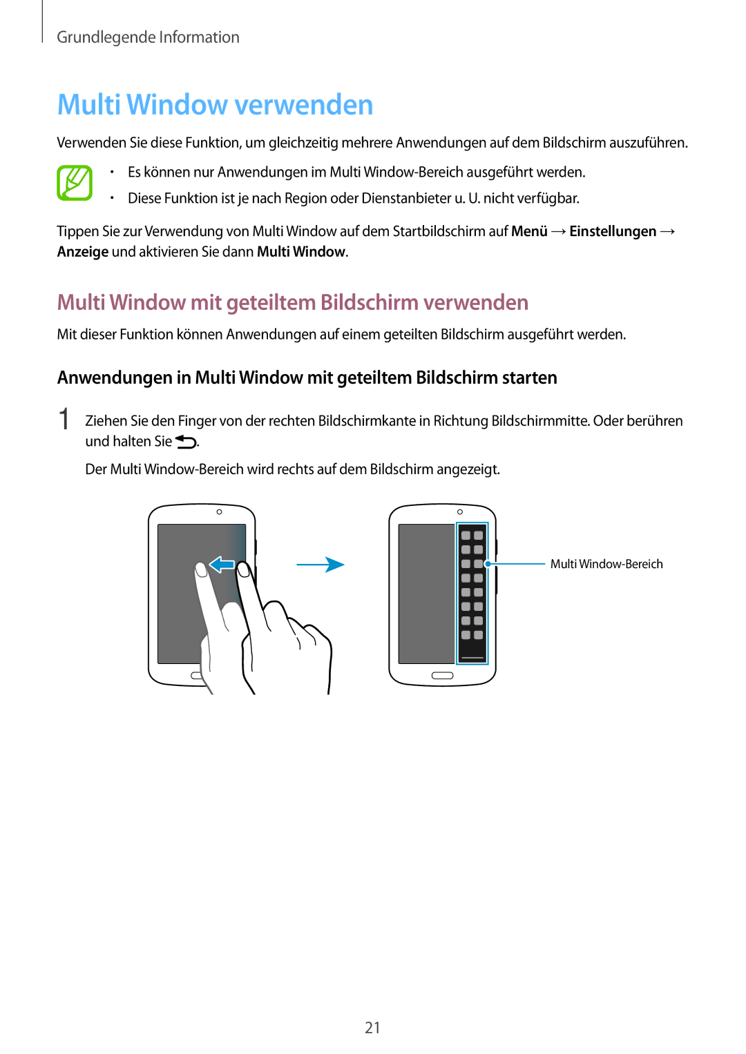 Samsung SM-T2100ZWAXEO, SM-T2100ZWAATO manual Multi Window verwenden, Multi Window mit geteiltem Bildschirm verwenden 