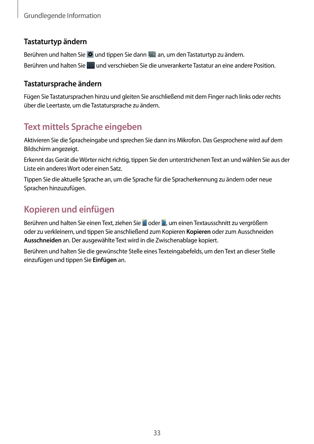 Samsung SM-T2100ZWATUR Text mittels Sprache eingeben, Kopieren und einfügen, Tastaturtyp ändern, Tastatursprache ändern 