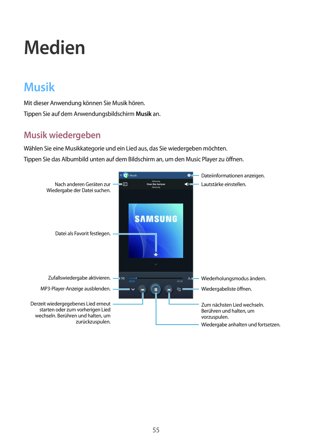 Samsung SM-T2100ZWETPH, SM-T2100ZWAATO, SM-T2100GNAATO, SM-T2100MKADBT, SM-T2100ZWATUR manual Medien, Musik wiedergeben 