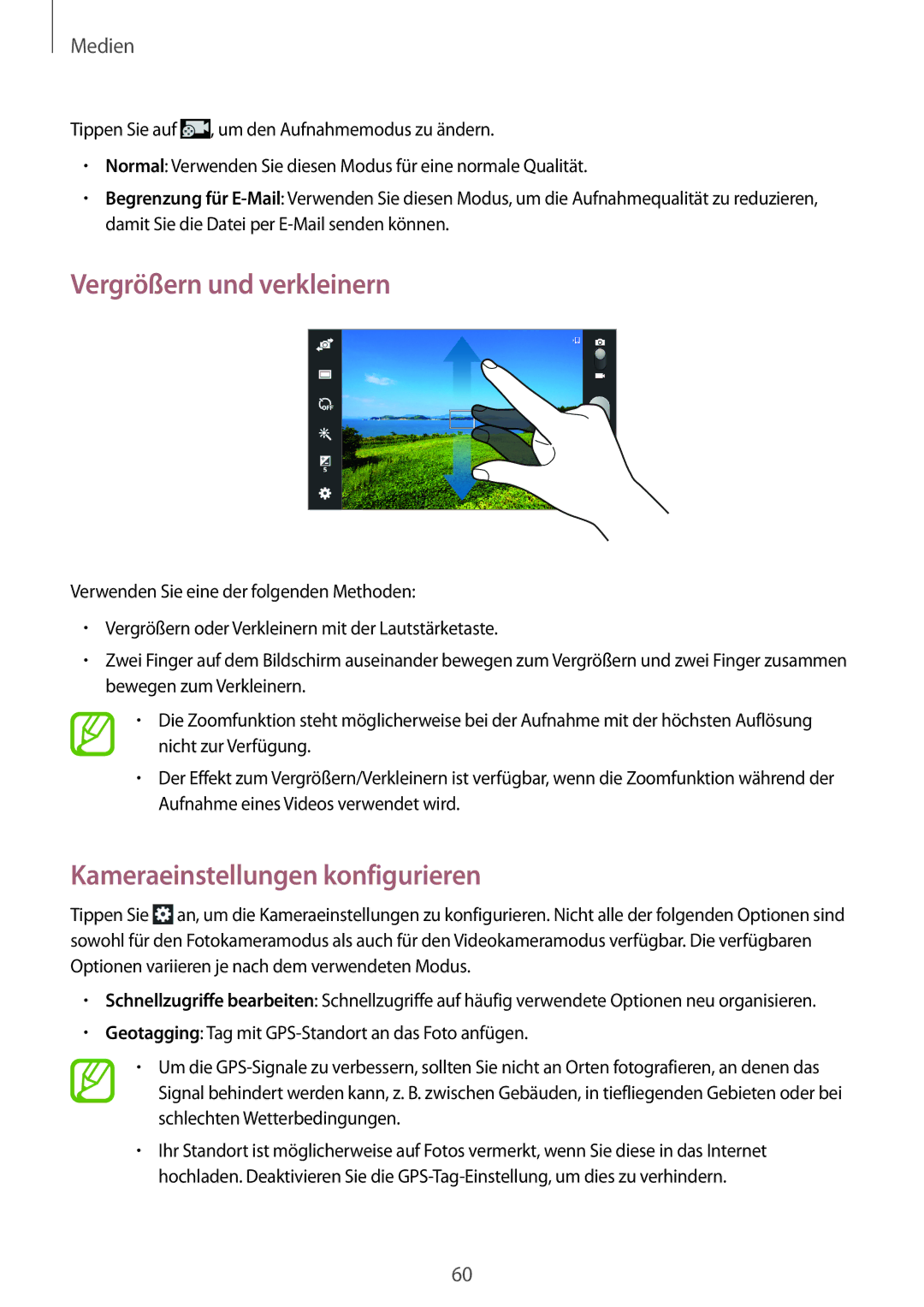 Samsung SM-T2100ZWAATO, SM-T2100GNAATO, SM-T2100MKADBT manual Vergrößern und verkleinern, Kameraeinstellungen konfigurieren 