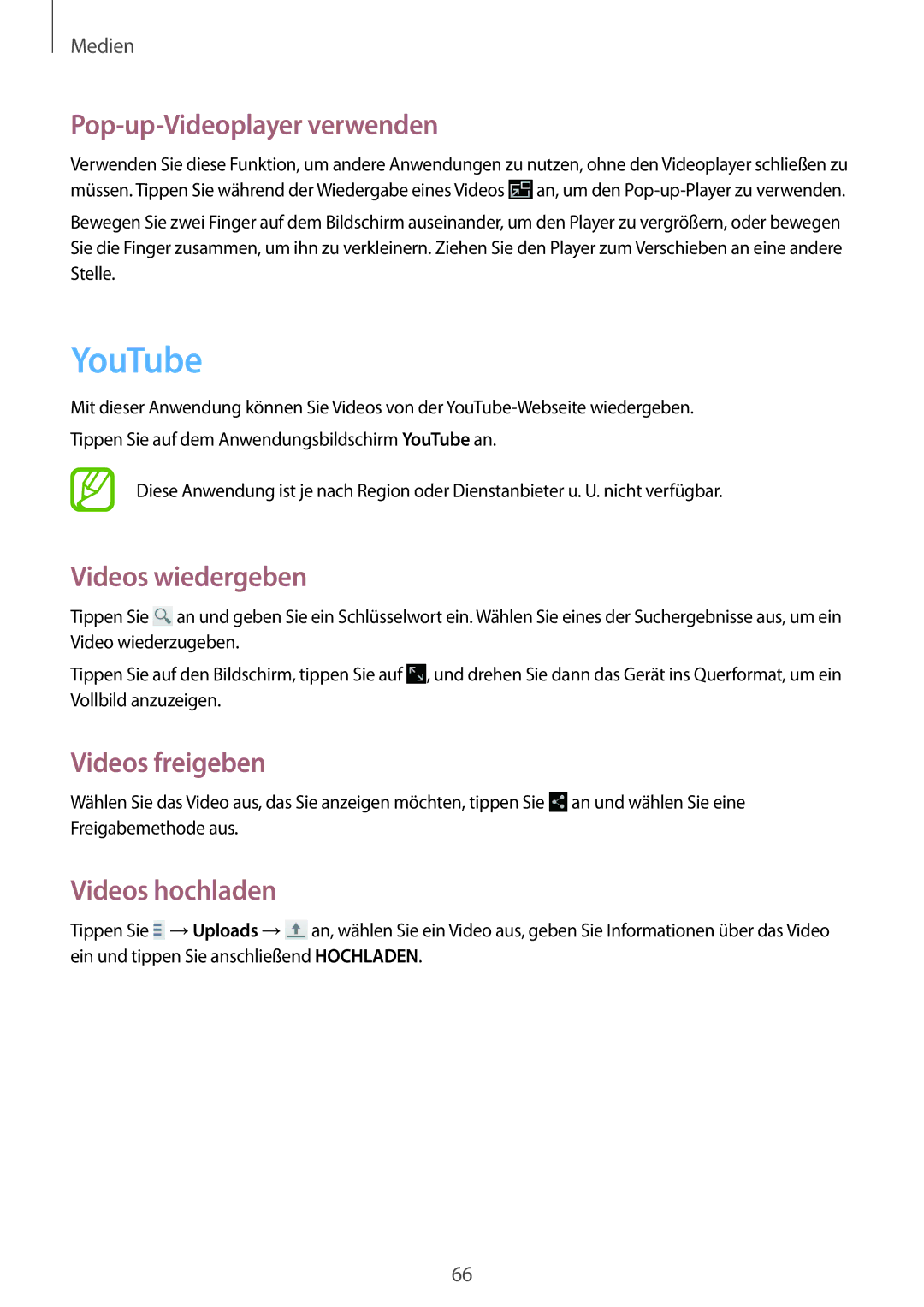 Samsung SM-T2100ZWAXEO, SM-T2100ZWAATO, SM-T2100GNAATO manual YouTube, Pop-up-Videoplayer verwenden, Videos hochladen 