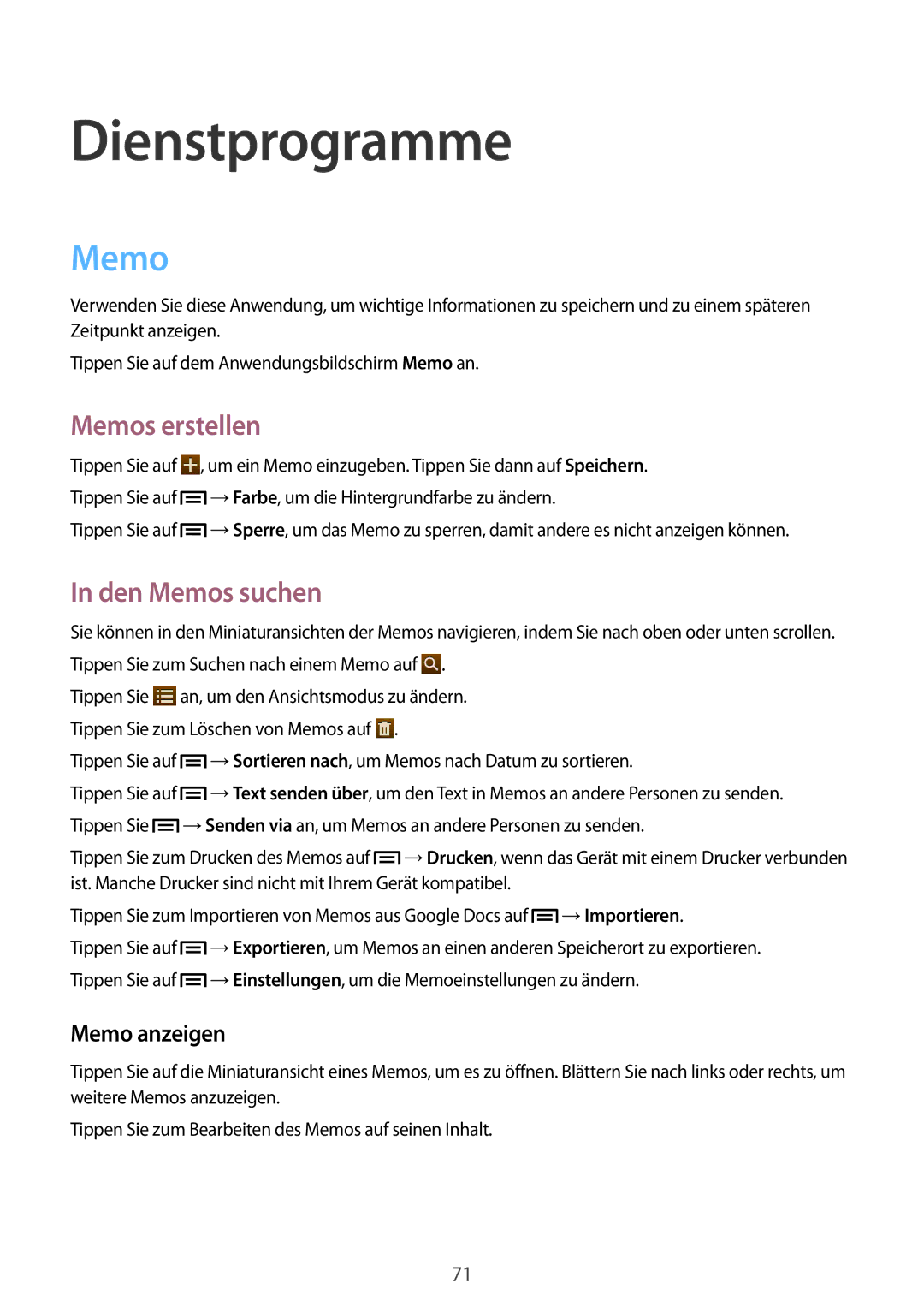 Samsung SM-T2100MKAATO, SM-T2100ZWAATO manual Dienstprogramme, Memos erstellen, Den Memos suchen, Memo anzeigen 