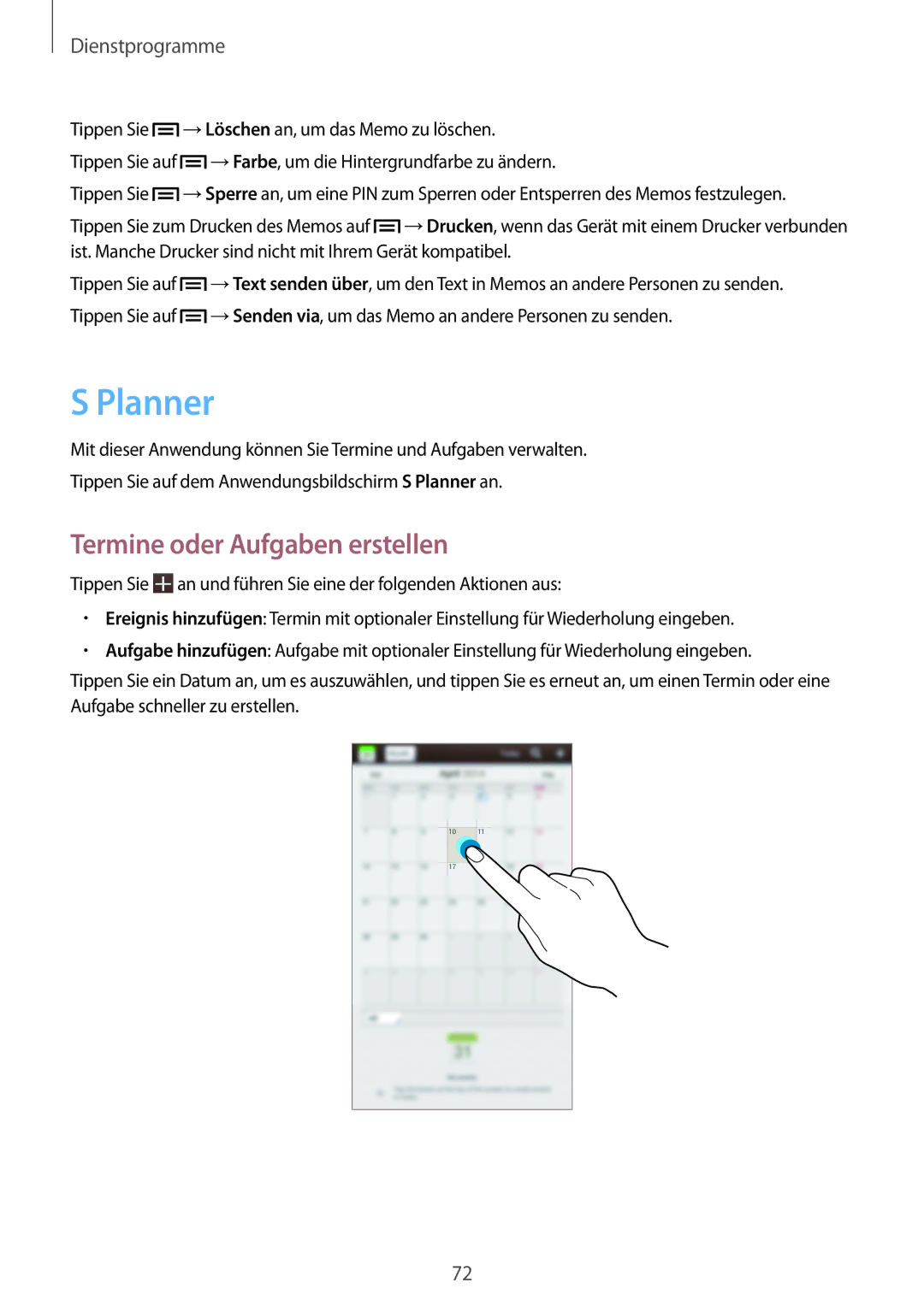 Samsung SM-T2100MKATPH, SM-T2100ZWAATO, SM-T2100GNAATO, SM-T2100MKADBT manual Planner, Termine oder Aufgaben erstellen 