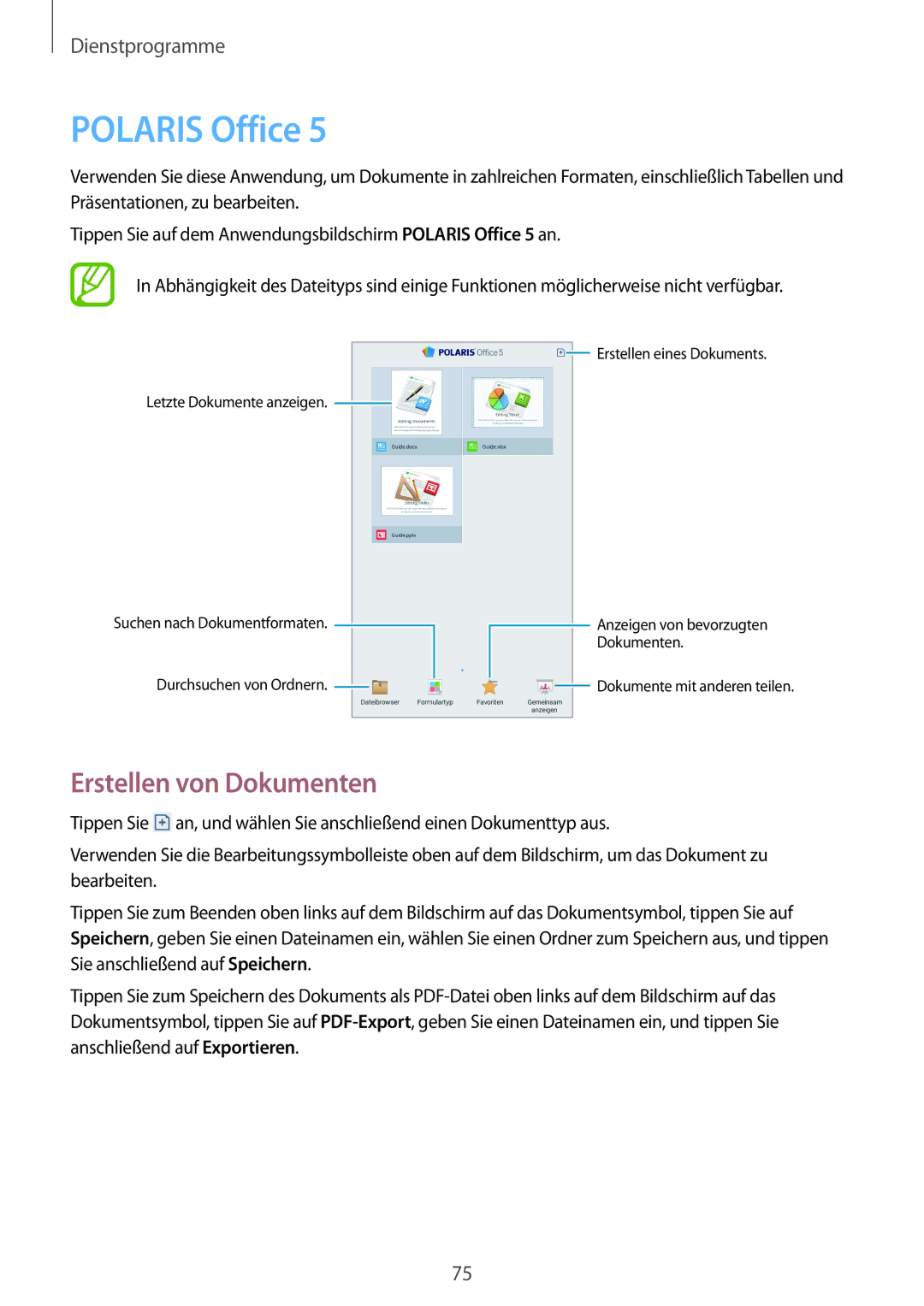 Samsung SM-T2100ZWAATO, SM-T2100GNAATO, SM-T2100MKADBT, SM-T2100ZWATUR manual Polaris Office, Erstellen von Dokumenten 