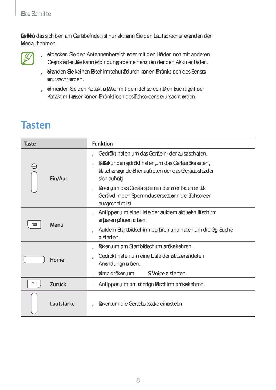 Samsung SM-T2100GNATUR, SM-T2100ZWAATO, SM-T2100GNAATO, SM-T2100MKADBT, SM-T2100ZWATUR, SM-T2100ZWEATO Tasten, Erste Schritte 