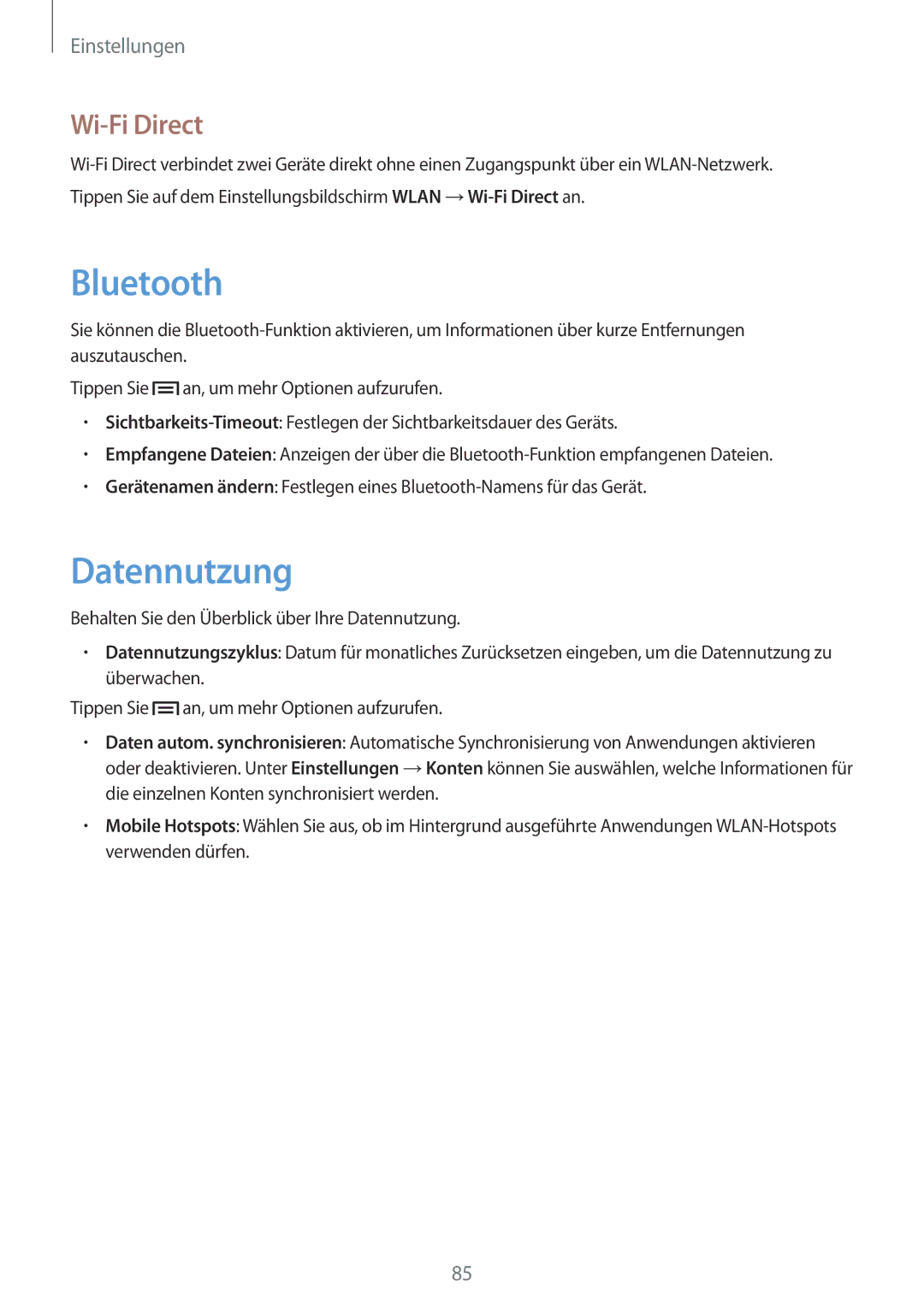 Samsung SM-T2100ZWETPH, SM-T2100ZWAATO, SM-T2100GNAATO, SM-T2100MKADBT, SM-T2100ZWATUR manual Datennutzung, Wi-Fi Direct 