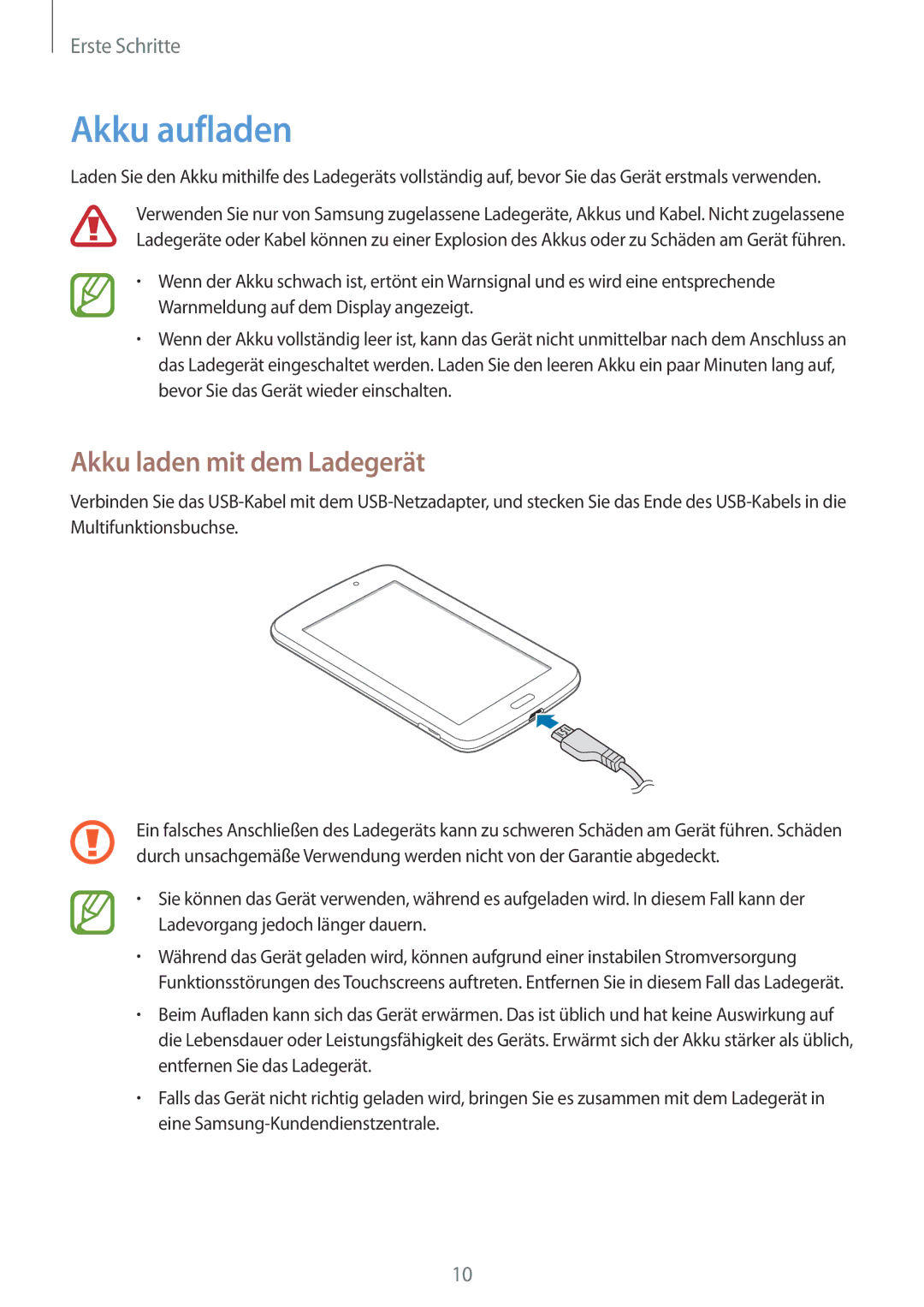 Samsung SM-T2100ZWETPH, SM-T2100ZWAATO, SM-T2100GNAATO, SM-T2100MKADBT manual Akku aufladen, Akku laden mit dem Ladegerät 