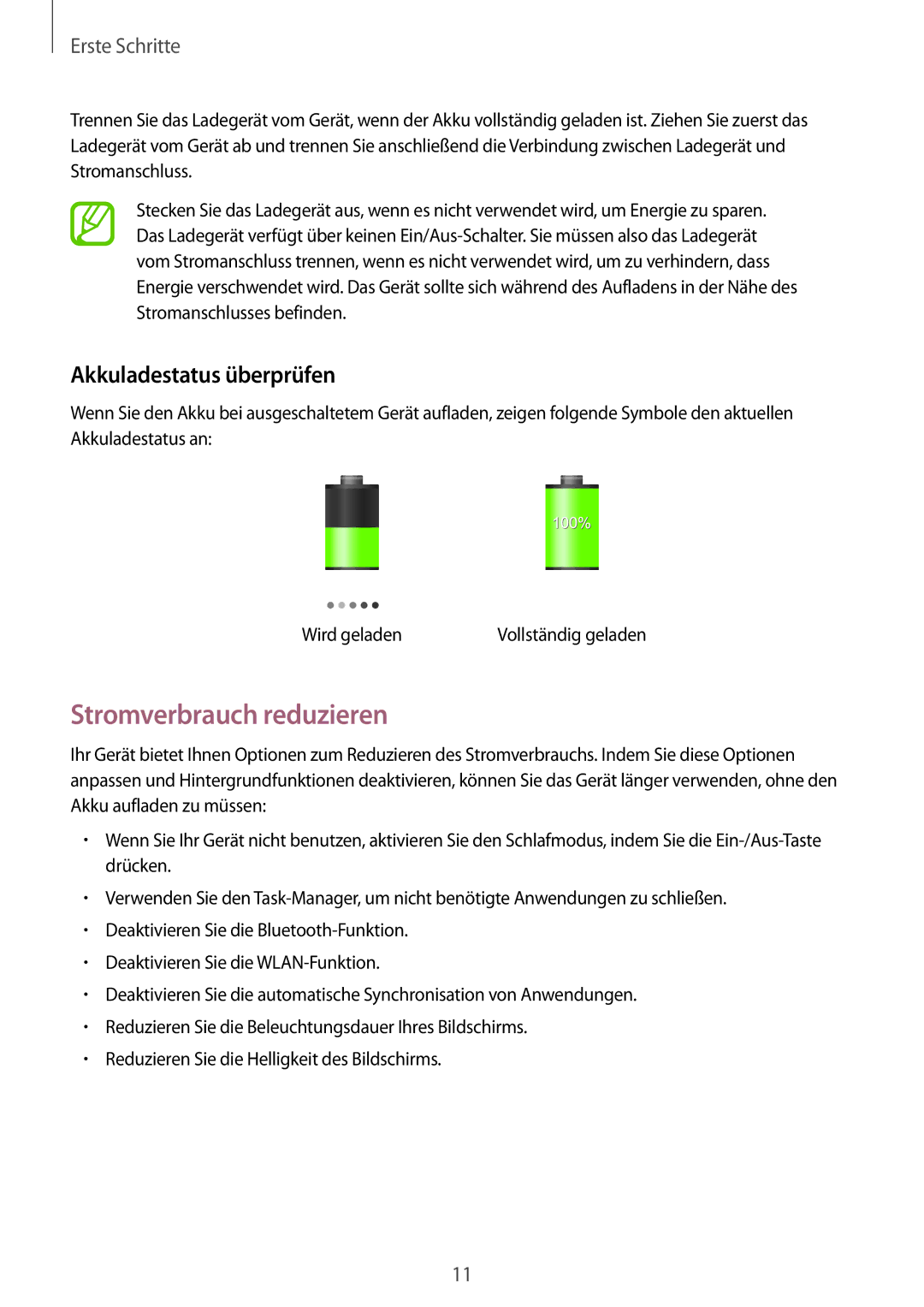 Samsung SM-T2100MKAATO, SM-T2100ZWAATO, SM-T2100GNAATO, SM-T2100MKADBT Stromverbrauch reduzieren, Akkuladestatus überprüfen 