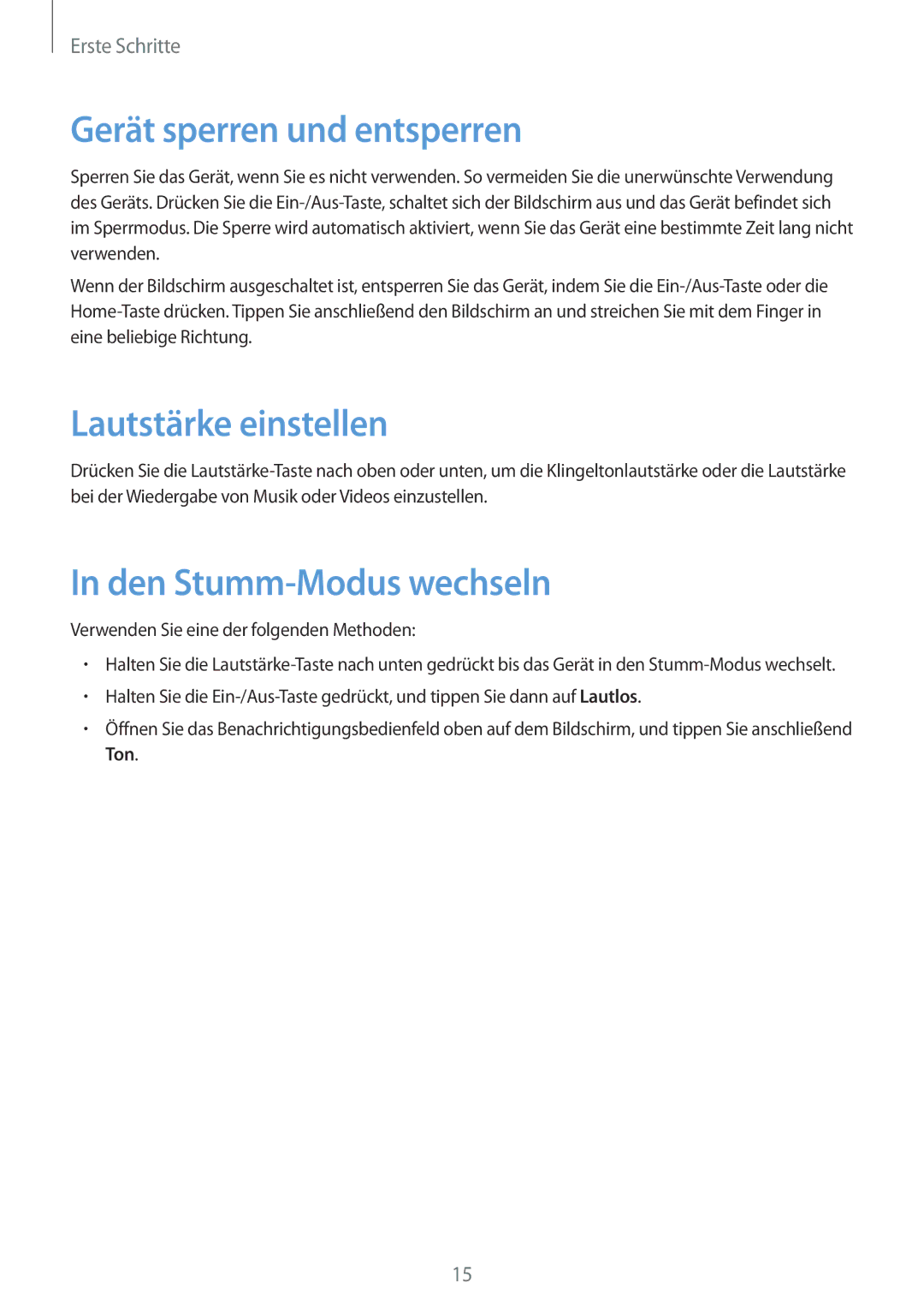 Samsung SM-T2100ZWAATO, SM-T2100GNAATO manual Gerät sperren und entsperren, Lautstärke einstellen, Den Stumm-Modus wechseln 