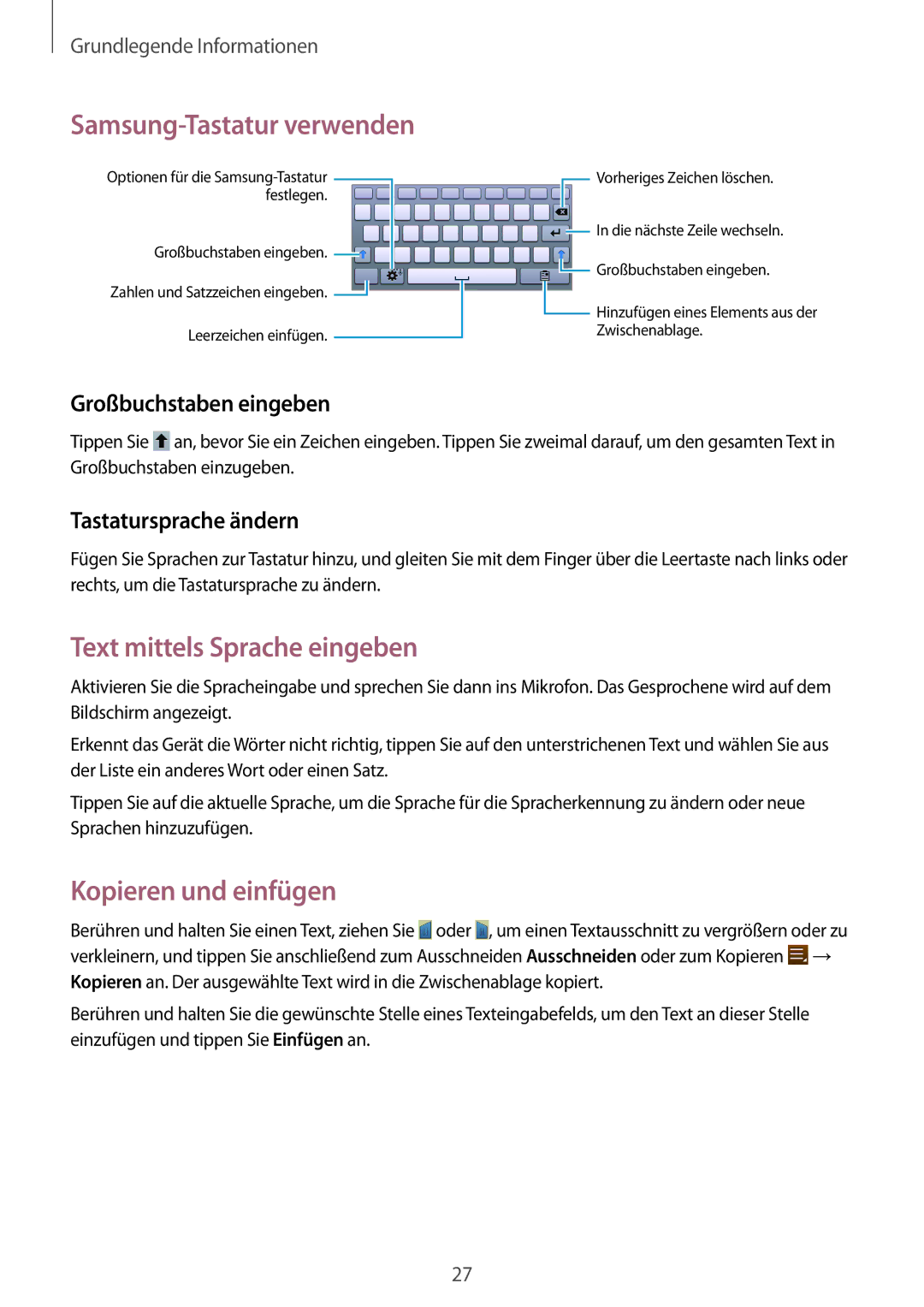 Samsung SM-T2100MKATPH, SM-T2100ZWAATO Samsung-Tastatur verwenden, Text mittels Sprache eingeben, Kopieren und einfügen 