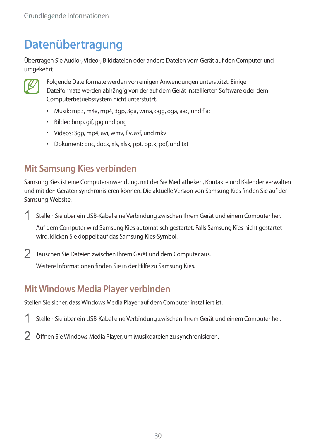 Samsung SM-T2100ZWAATO, SM-T2100GNAATO Datenübertragung, Mit Samsung Kies verbinden, Mit Windows Media Player verbinden 