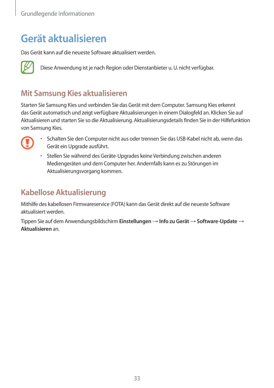 Samsung SM-T2100ZWATUR, SM-T2100ZWAATO manual Gerät aktualisieren, Mit Samsung Kies aktualisieren, Kabellose Aktualisierung 