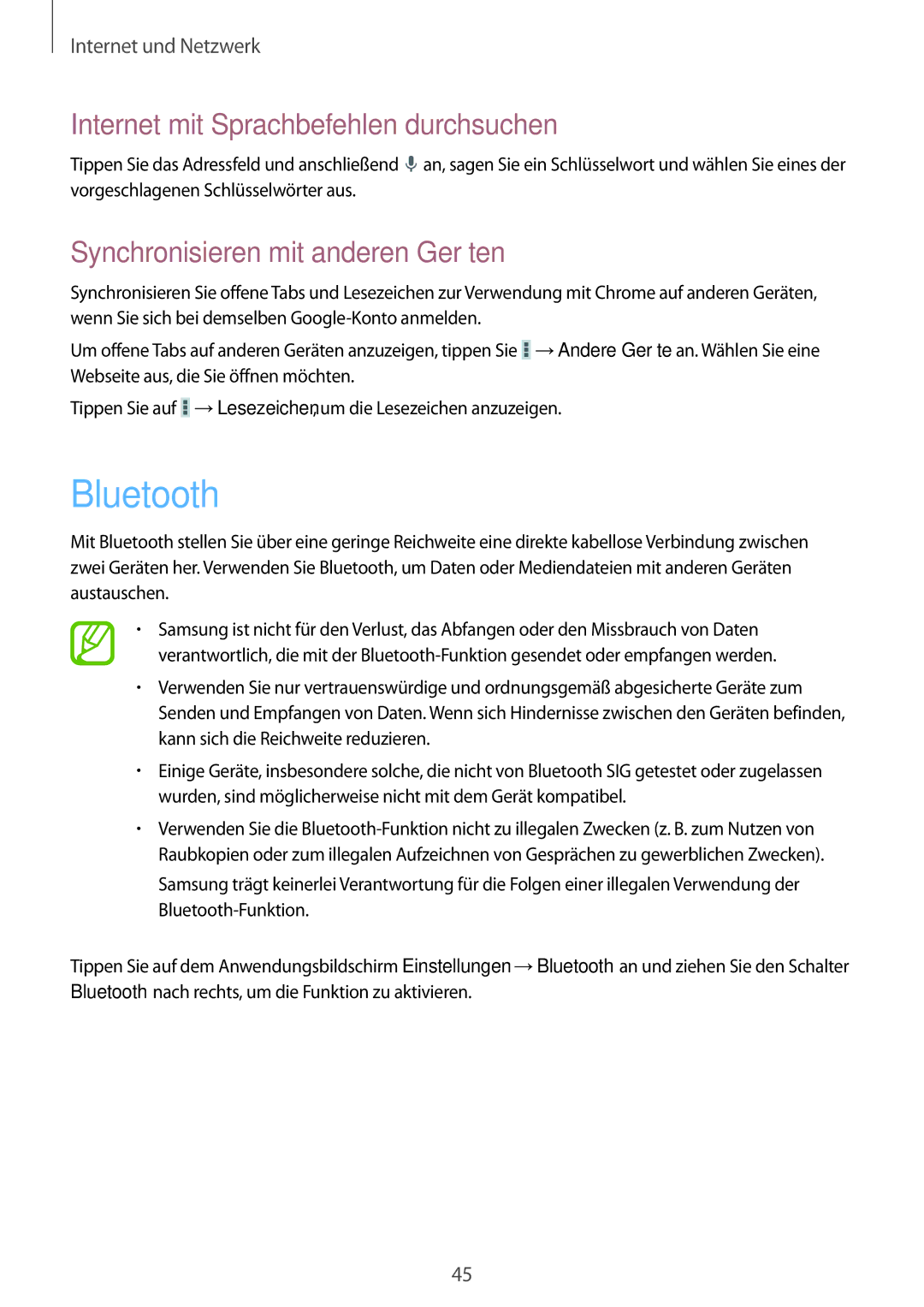 Samsung SM-T2100ZWAATO, SM-T2100GNAATO, SM-T2100MKADBT, SM-T2100ZWATUR manual Bluetooth, Synchronisieren mit anderen Geräten 