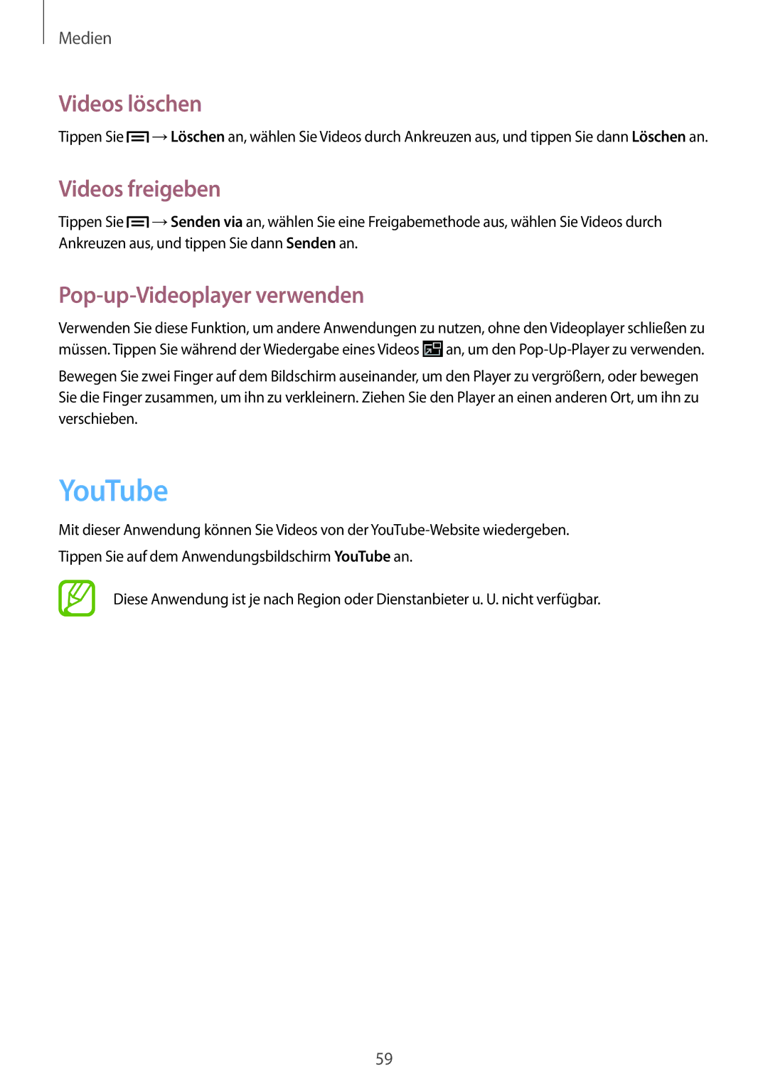 Samsung SM-T2100ZWAXEF, SM-T2100ZWAATO manual YouTube, Videos löschen, Videos freigeben, Pop-up-Videoplayer verwenden 