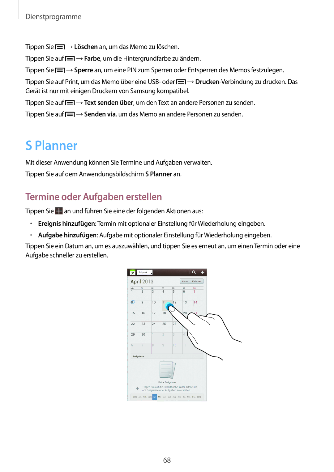 Samsung SM-T2100GNATUR, SM-T2100ZWAATO, SM-T2100GNAATO, SM-T2100MKADBT manual Planner, Termine oder Aufgaben erstellen 