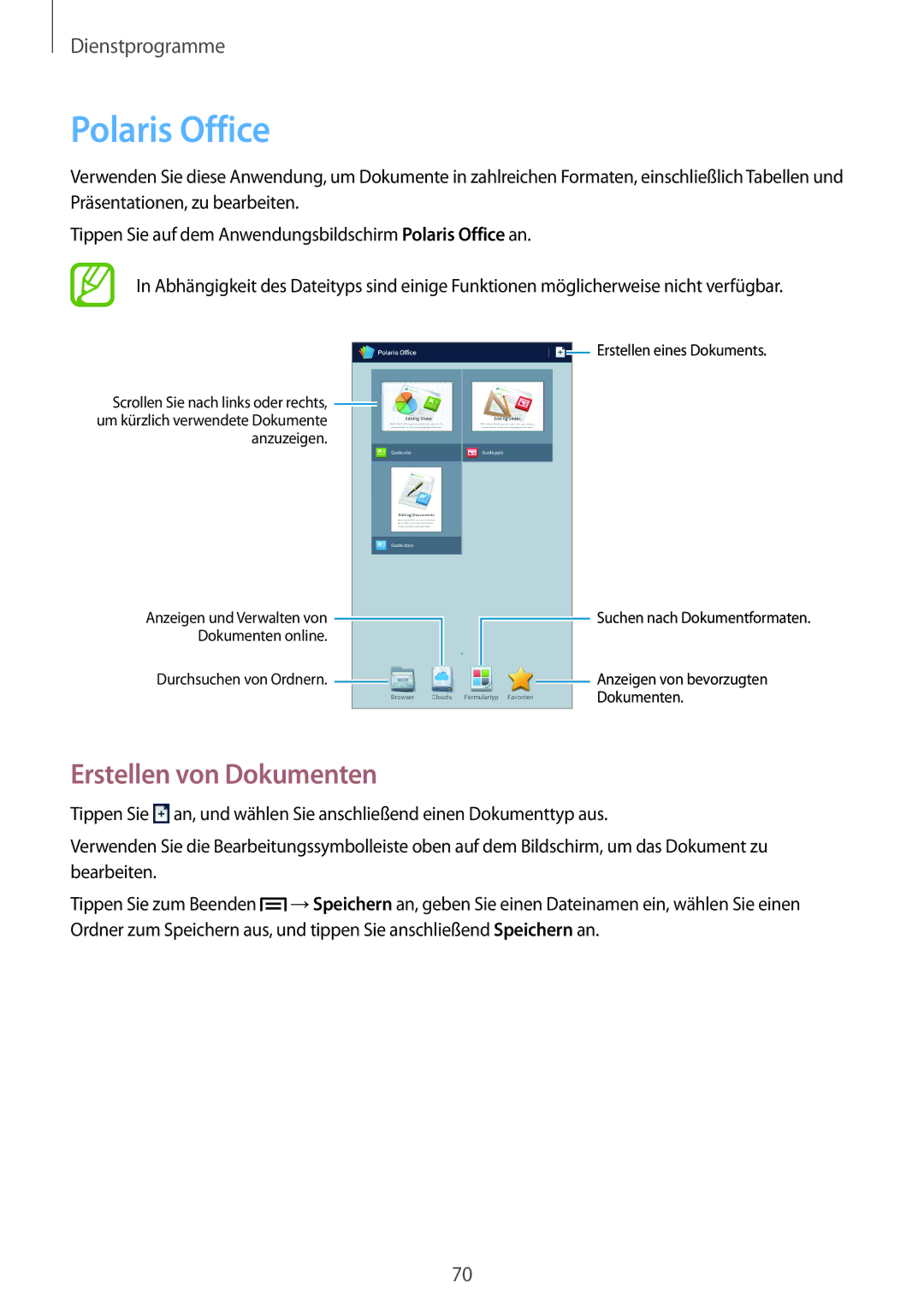 Samsung SM-T2100ZWETPH, SM-T2100ZWAATO, SM-T2100GNAATO, SM-T2100MKADBT manual Polaris Office, Erstellen von Dokumenten 