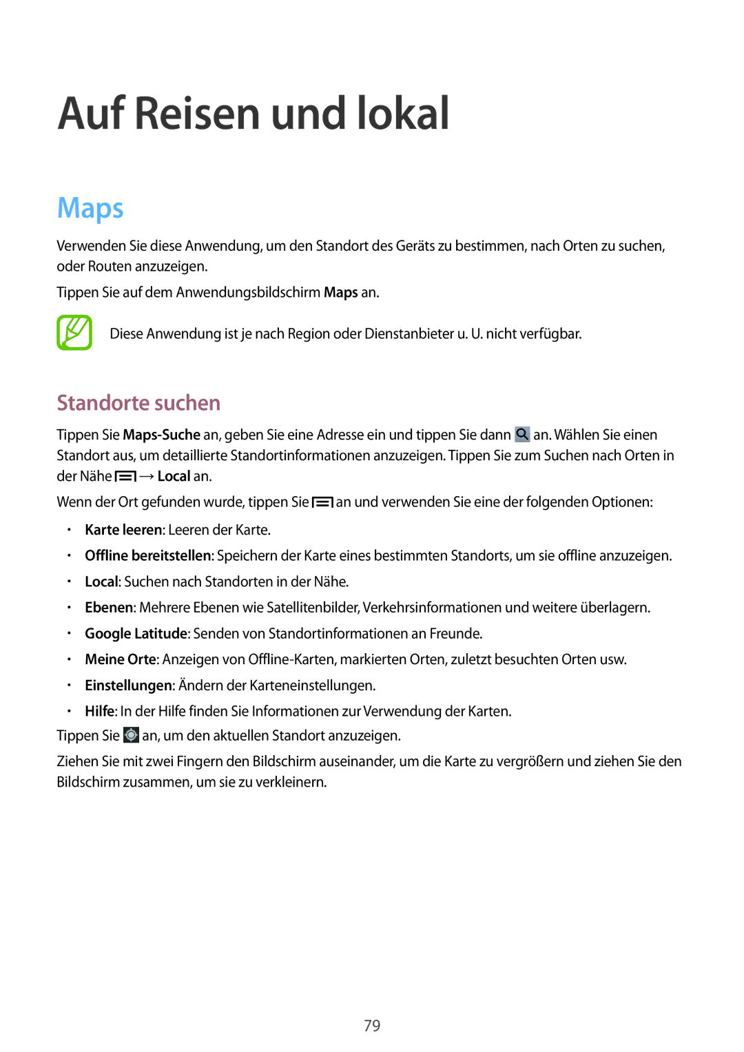 Samsung SM-T2100ZWEATO, SM-T2100ZWAATO, SM-T2100GNAATO, SM-T2100MKADBT manual Auf Reisen und lokal, Maps, Standorte suchen 