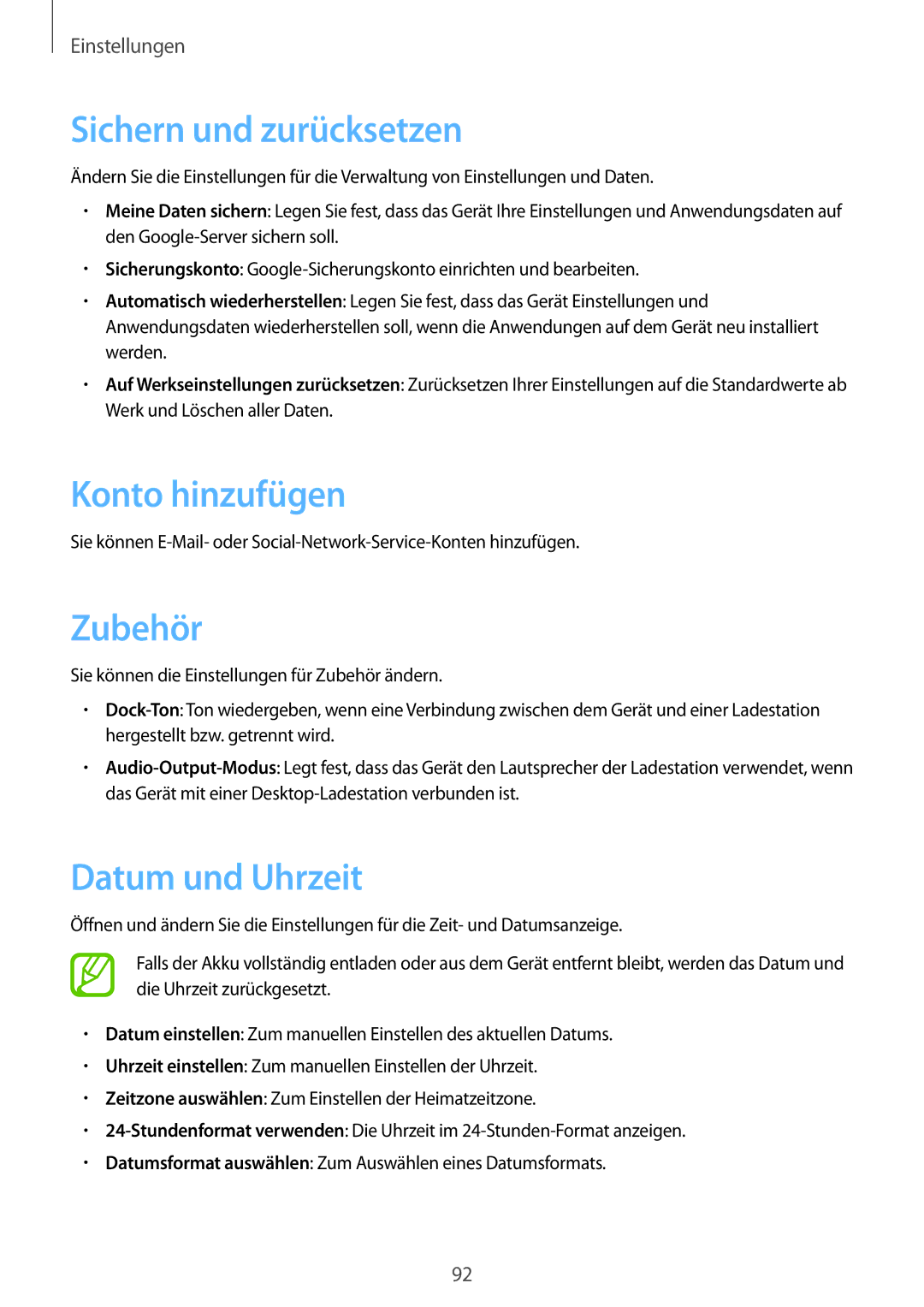 Samsung SM-T2100MKADBT, SM-T2100ZWAATO manual Sichern und zurücksetzen, Konto hinzufügen, Zubehör, Datum und Uhrzeit 