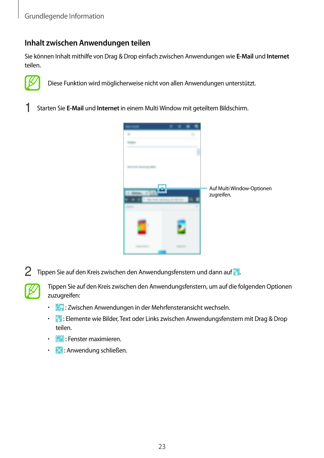 Samsung SM-T2100GNATUR, SM-T2100ZWAATO, SM-T2100GNAATO manual Inhalt zwischen Anwendungen teilen, Grundlegende Information 