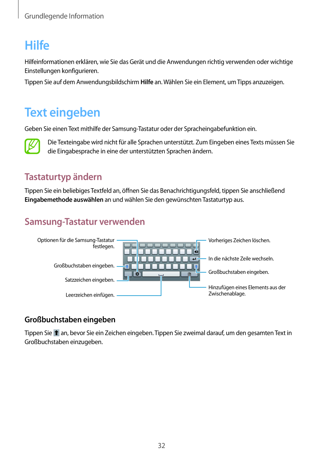 Samsung SM-T2100MKADBT manual Hilfe, Text eingeben, Tastaturtyp ändern, Samsung-Tastatur verwenden, Großbuchstaben eingeben 