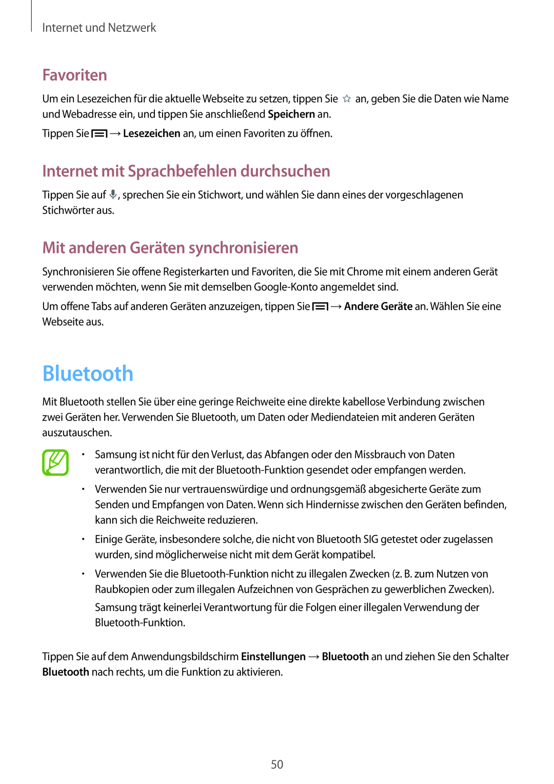 Samsung SM-T2100ZWZDBT Bluetooth, Mit anderen Geräten synchronisieren, Favoriten, Internet mit Sprachbefehlen durchsuchen 