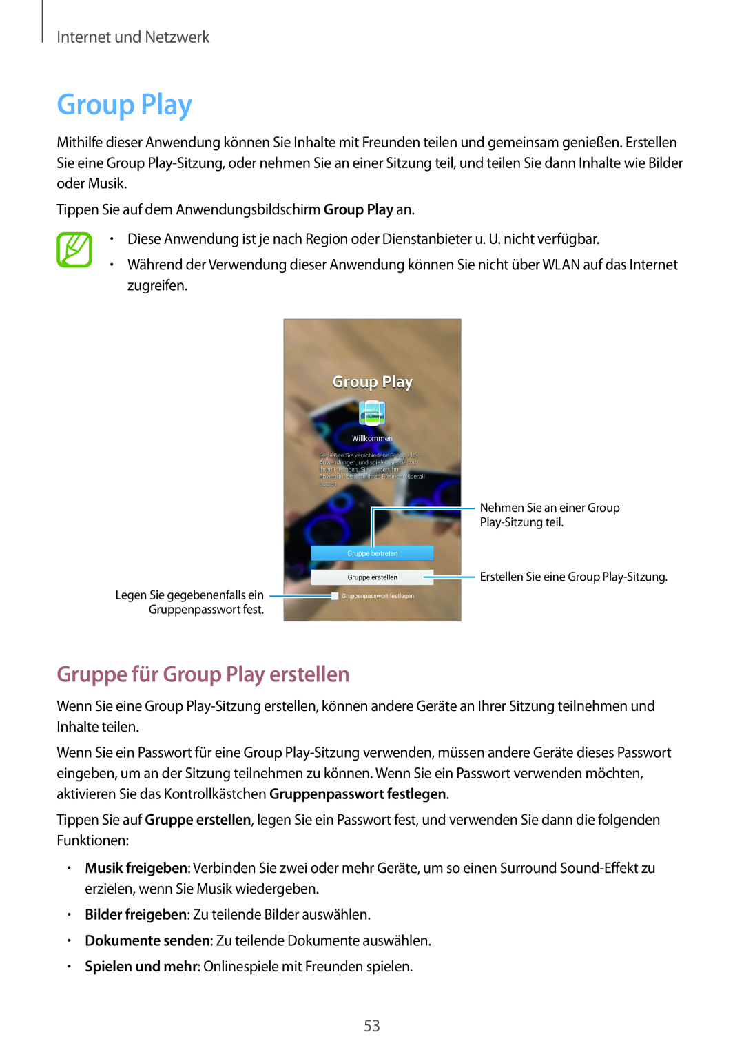 Samsung SM-T2100GNATUR, SM-T2100ZWAATO, SM-T2100GNAATO manual Gruppe für Group Play erstellen, Internet und Netzwerk 