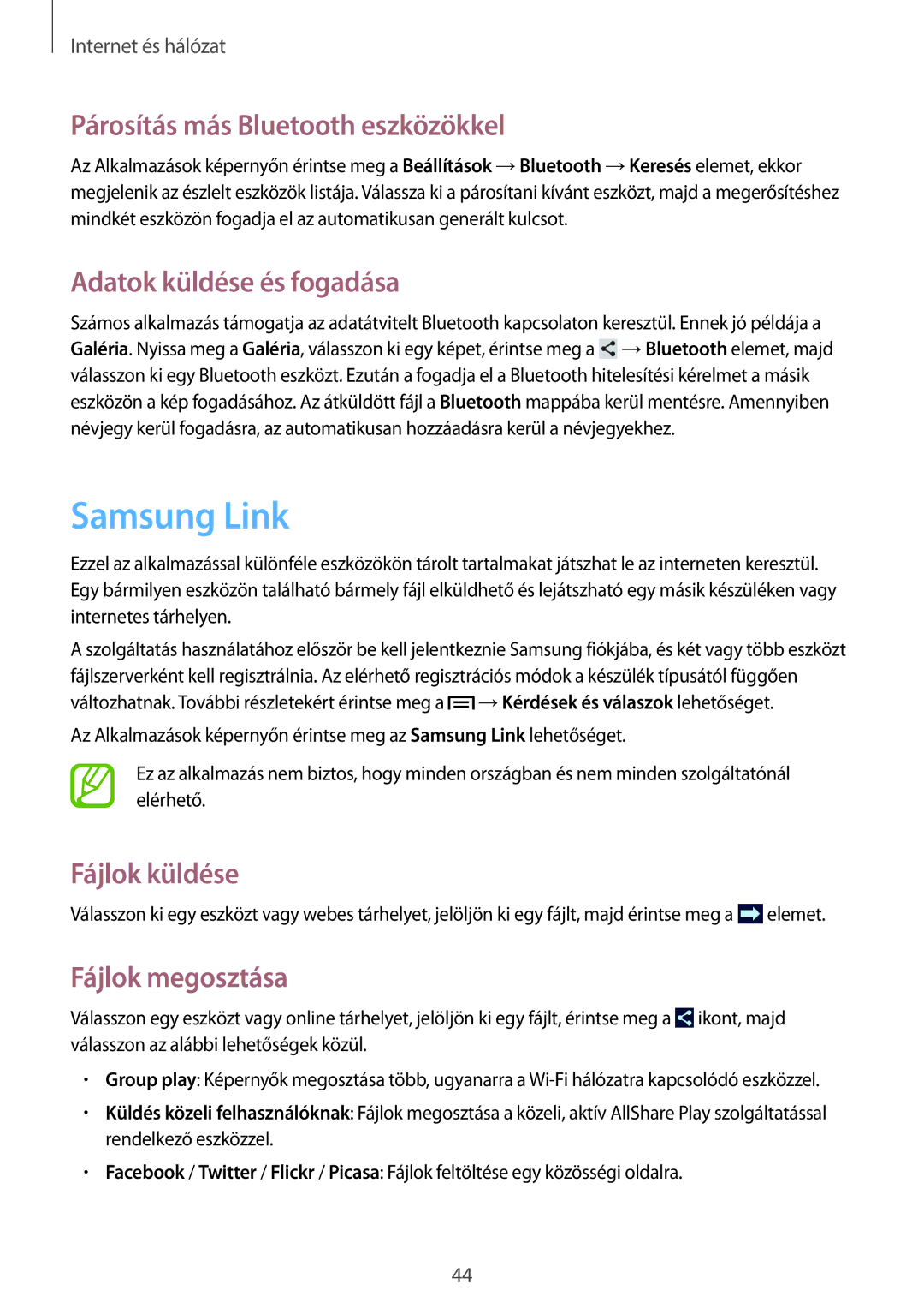 Samsung SM-T2100GNABGL manual Samsung Link, Párosítás más Bluetooth eszközökkel, Adatok küldése és fogadása, Fájlok küldése 