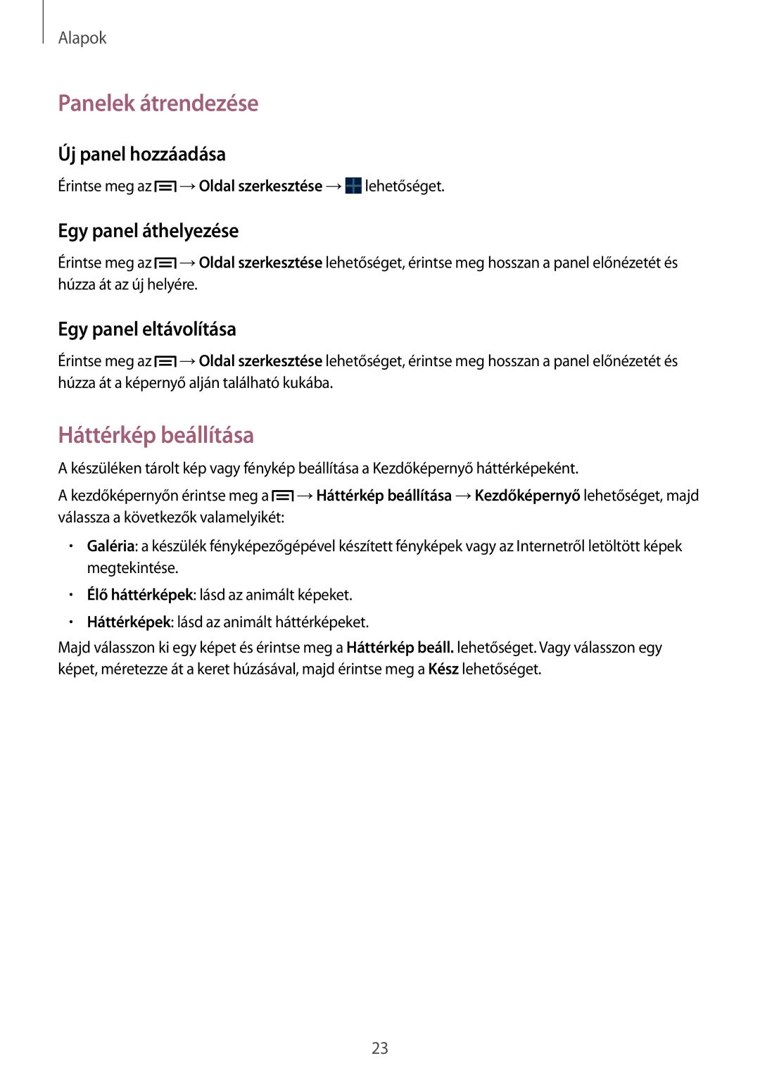 Samsung SM-T2100ZWEATO manual Panelek átrendezése, Háttérkép beállítása, Új panel hozzáadása, Egy panel áthelyezése 