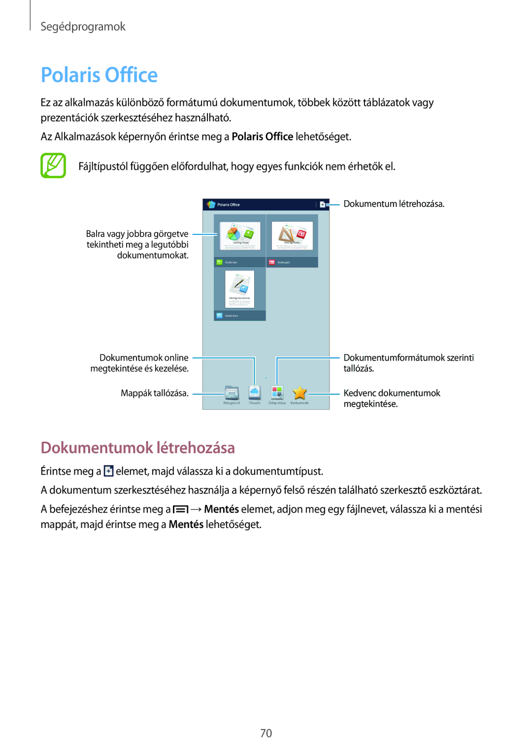 Samsung SM-T2100ZWAAUT, SM-T2100ZWAATO, SM-T2100GNAATO, SM-T2100MKADBT manual Polaris Office, Dokumentumok létrehozása 