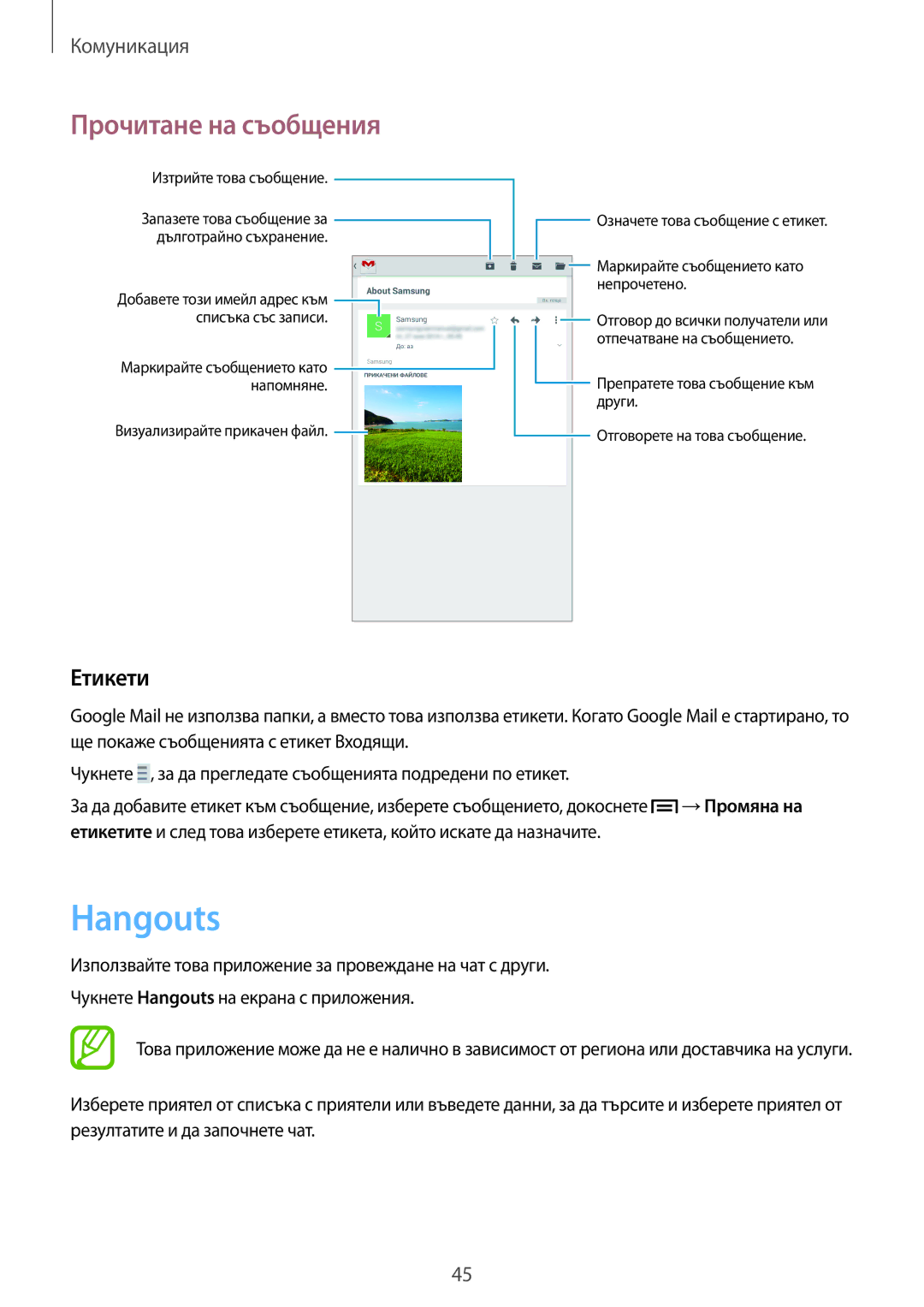 Samsung SM-T2100ZWABGL, SM-T2100GNABGL, SM-T2100MKABGL manual Hangouts, Етикети 