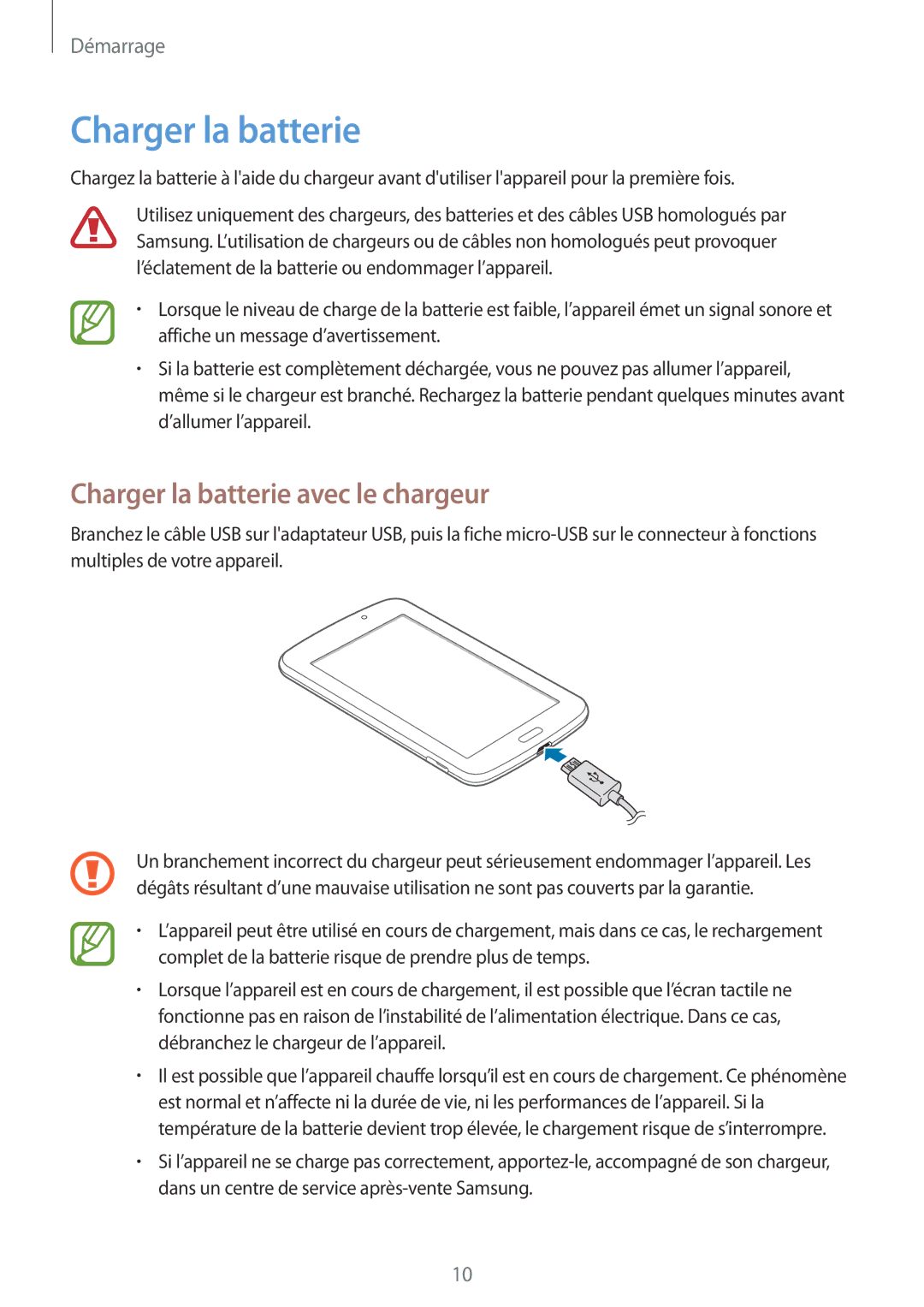 Samsung SM-T2100GNABGL, SM-T2100ZWABGL, SM-T2100MKABGL manual Charger la batterie avec le chargeur 