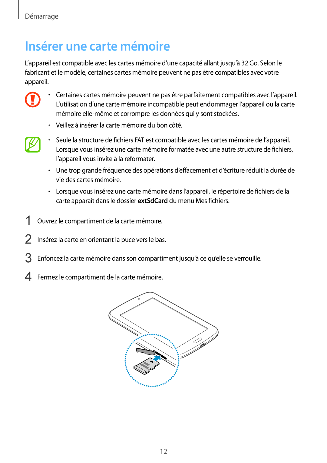 Samsung SM-T2100ZWABGL, SM-T2100GNABGL, SM-T2100MKABGL manual Insérer une carte mémoire 