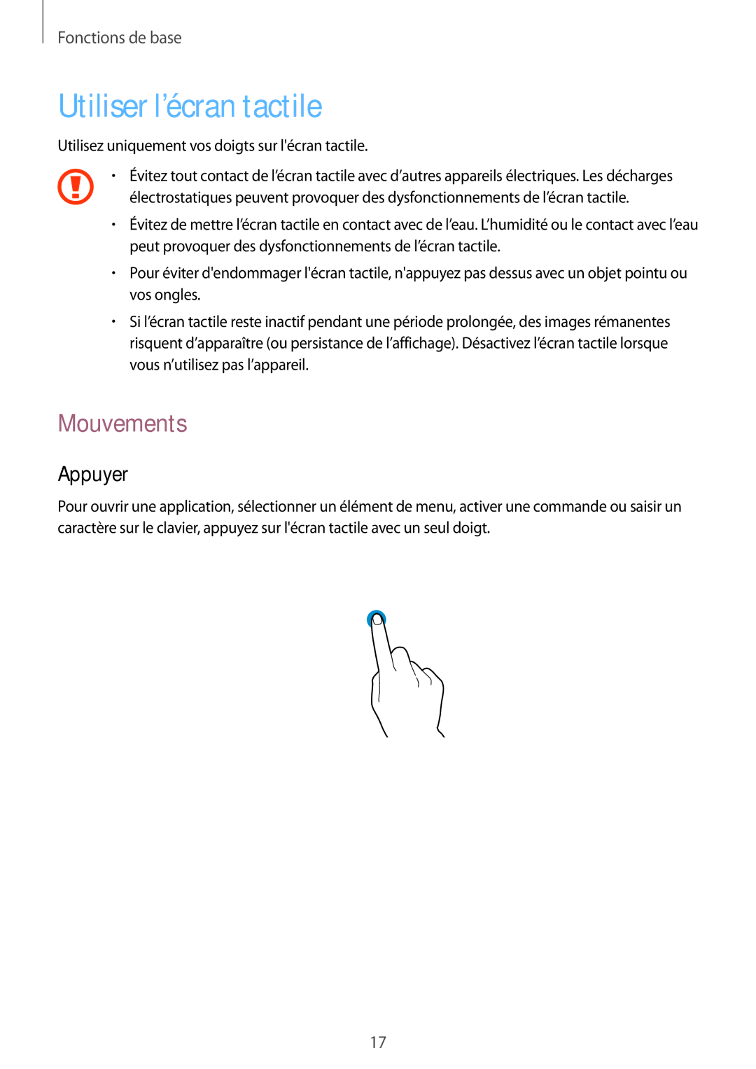 Samsung SM-T2100MKABGL, SM-T2100ZWABGL, SM-T2100GNABGL manual Utiliser l’écran tactile, Mouvements, Appuyer 