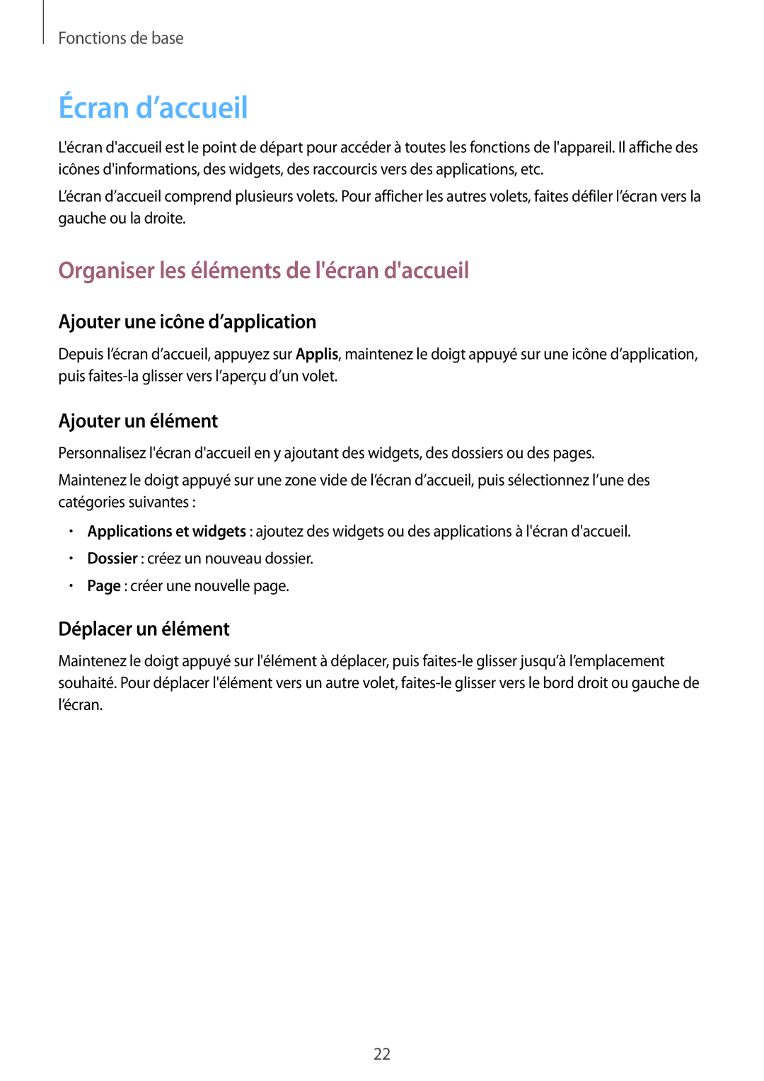 Samsung SM-T2100GNABGL manual Écran d’accueil, Organiser les éléments de lécran daccueil, Ajouter une icône d’application 