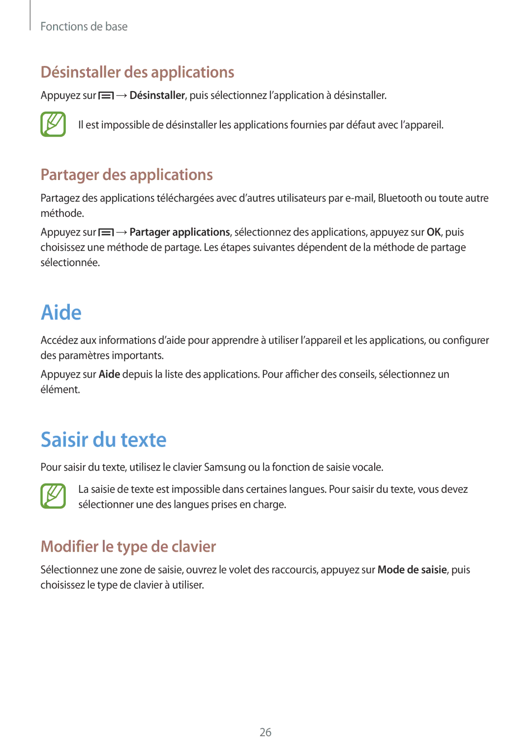 Samsung SM-T2100MKABGL, SM-T2100ZWABGL Aide, Saisir du texte, Désinstaller des applications, Partager des applications 