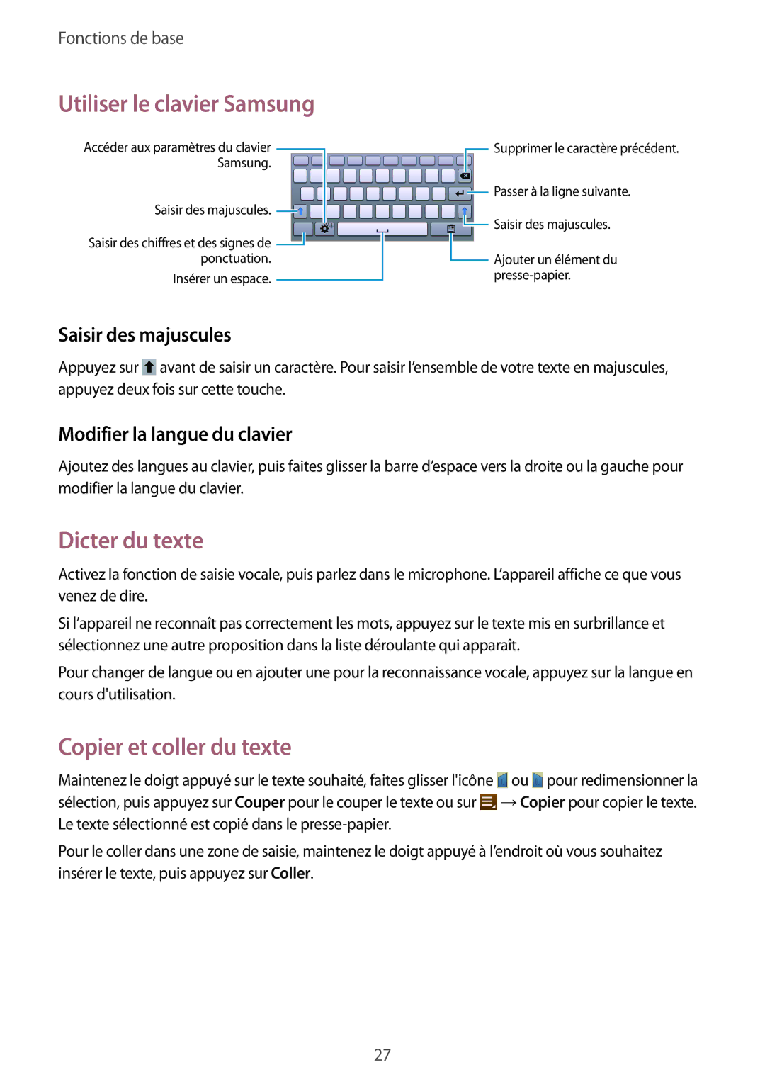 Samsung SM-T2100ZWABGL Utiliser le clavier Samsung, Dicter du texte, Copier et coller du texte, Saisir des majuscules 