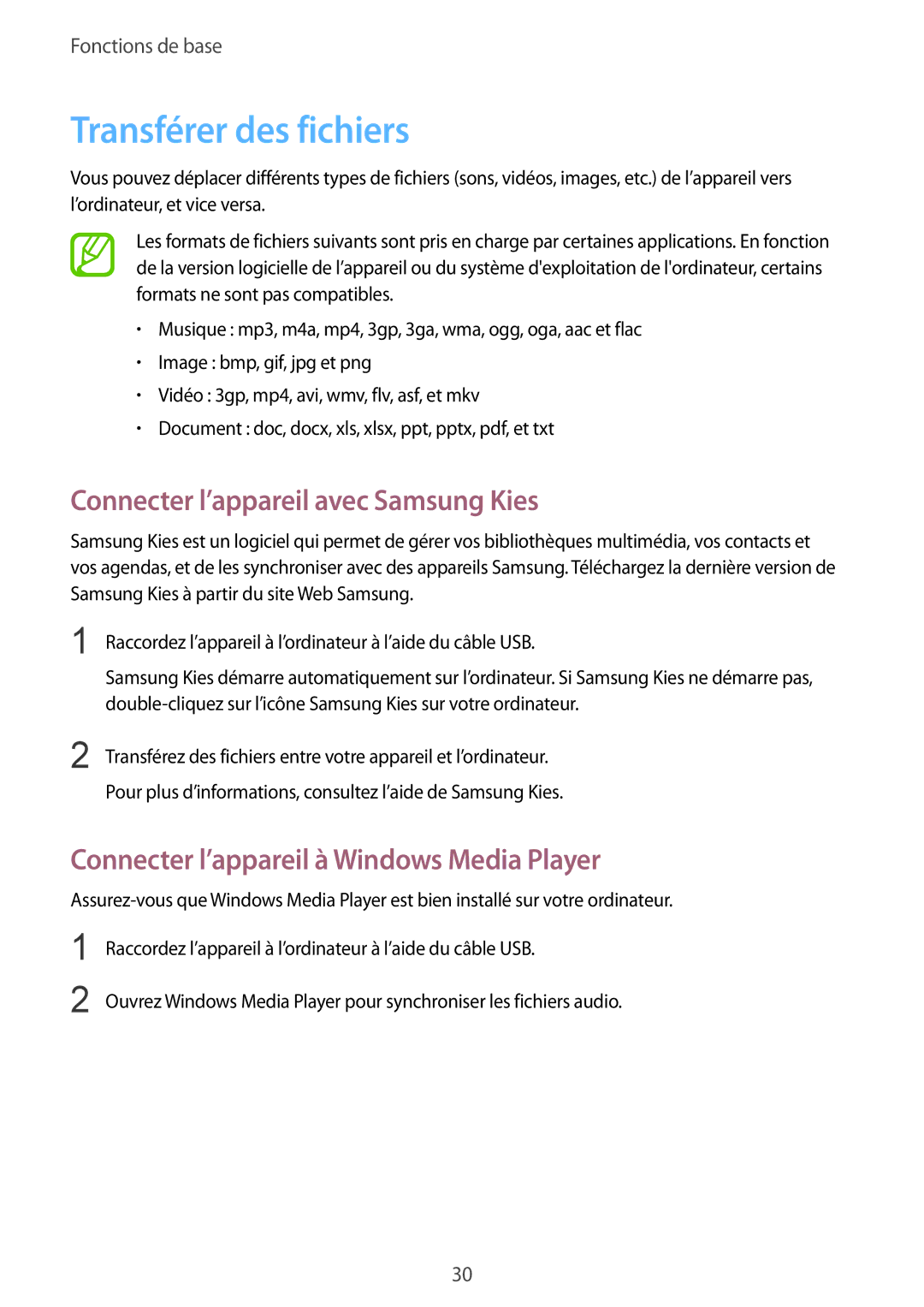 Samsung SM-T2100ZWABGL, SM-T2100GNABGL, SM-T2100MKABGL manual Transférer des fichiers, Connecter l’appareil avec Samsung Kies 