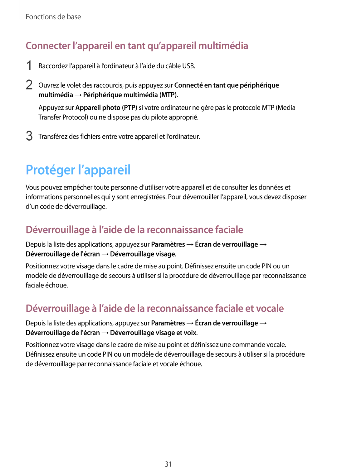 Samsung SM-T2100GNABGL, SM-T2100ZWABGL manual Protéger l’appareil, Connecter l’appareil en tant qu’appareil multimédia 