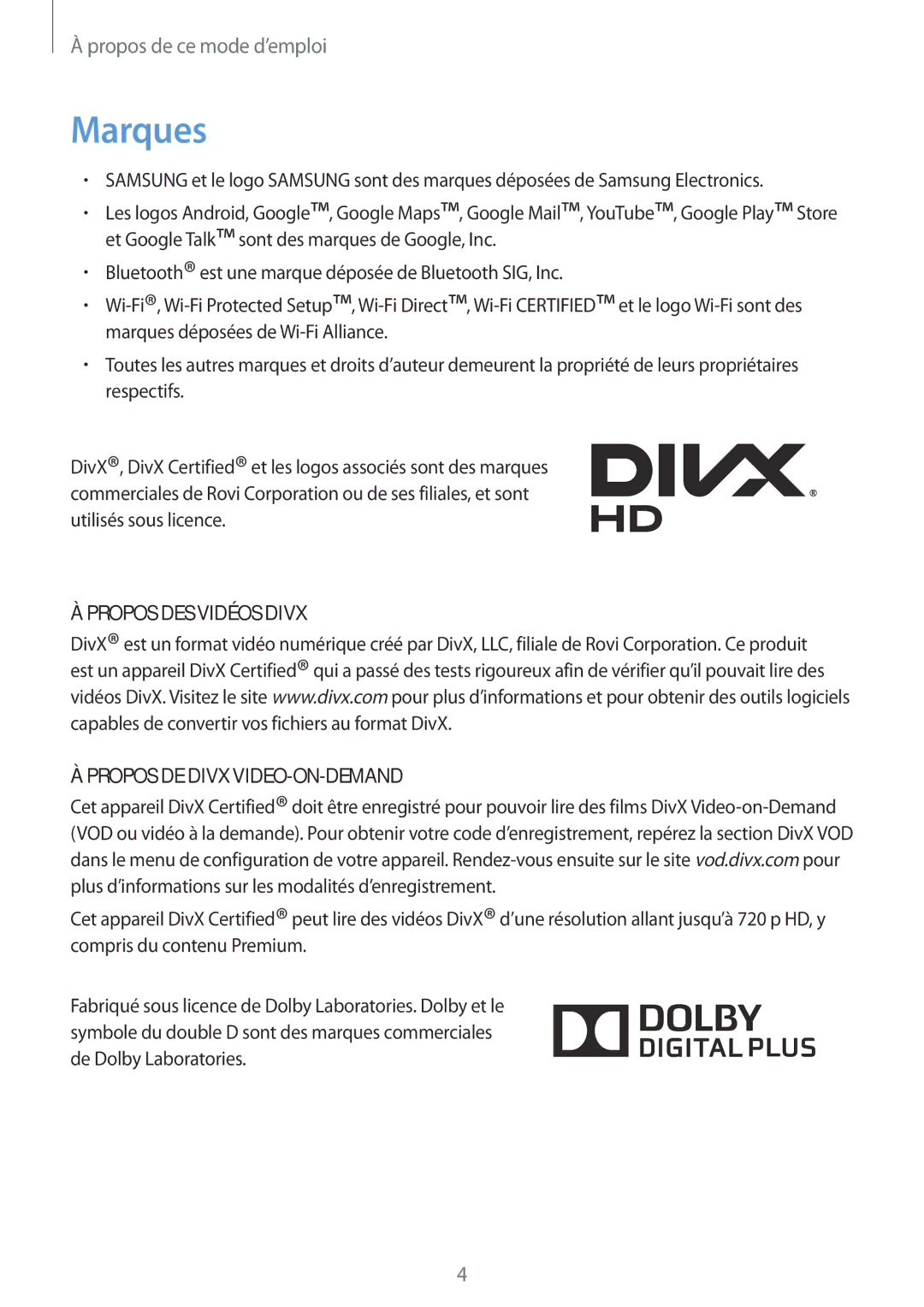 Samsung SM-T2100GNABGL, SM-T2100ZWABGL, SM-T2100MKABGL manual Marques, Propos DES Vidéos Divx Propos DE Divx VIDEO-ON-DEMAND 