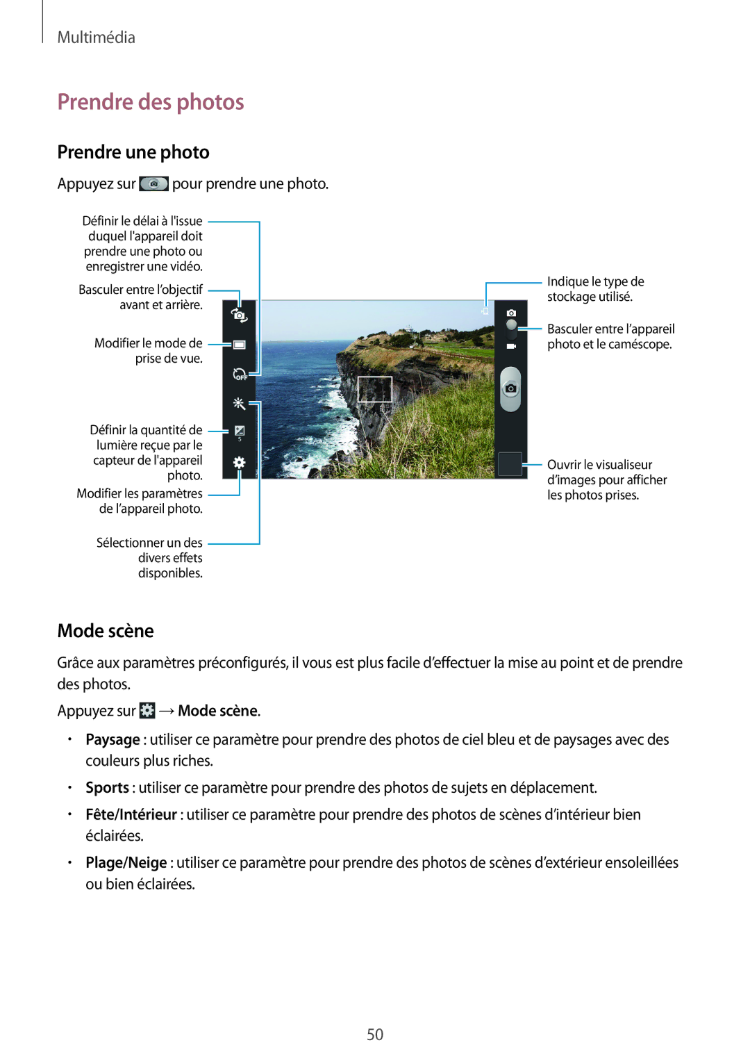 Samsung SM-T2100MKABGL, SM-T2100ZWABGL, SM-T2100GNABGL manual Prendre des photos, Prendre une photo, Mode scène 