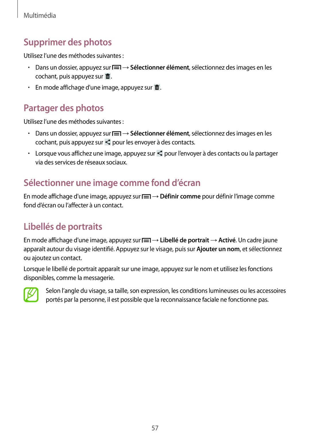 Samsung SM-T2100ZWABGL manual Supprimer des photos, Partager des photos, Sélectionner une image comme fond d’écran 