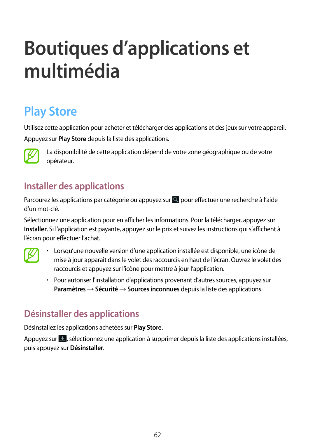 Samsung SM-T2100MKABGL, SM-T2100ZWABGL, SM-T2100GNABGL manual Boutiques d’applications et multimédia, Play Store 
