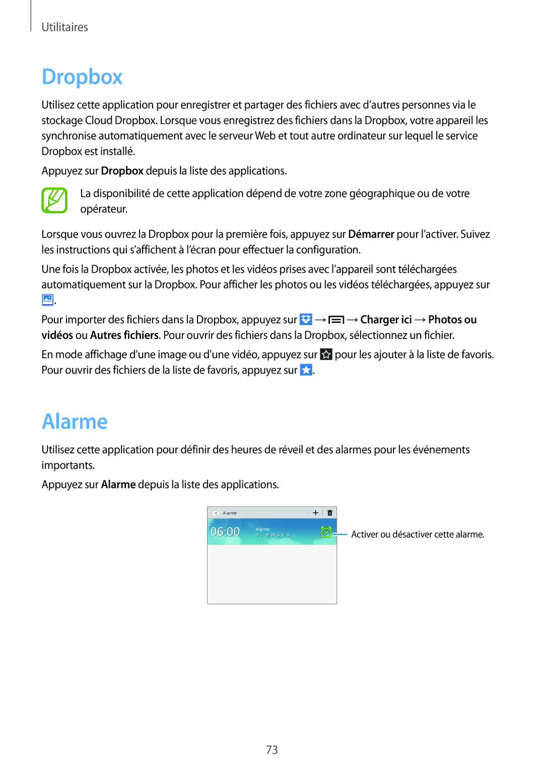 Samsung SM-T2100GNABGL, SM-T2100ZWABGL, SM-T2100MKABGL manual Dropbox, Alarme 