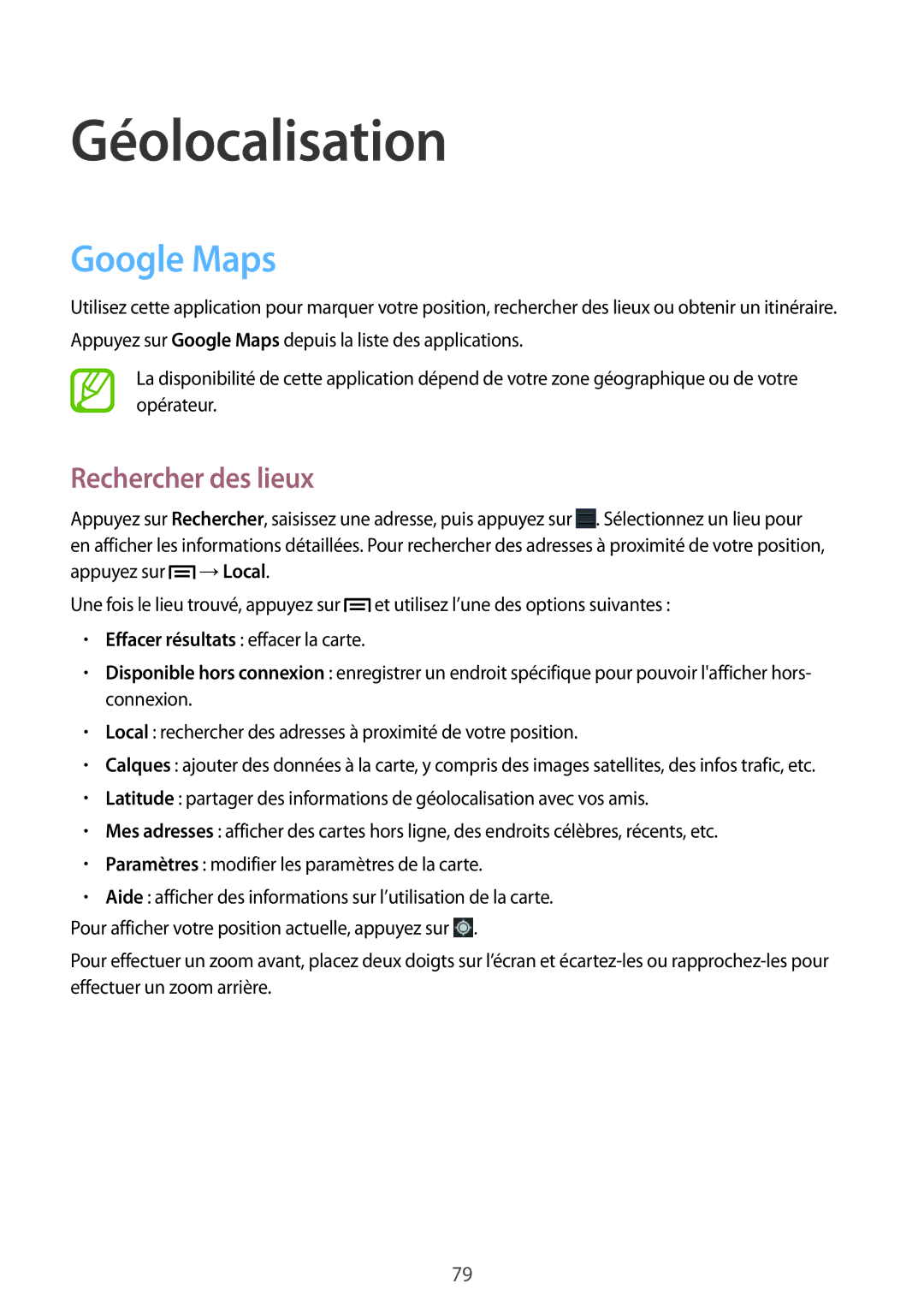 Samsung SM-T2100GNABGL, SM-T2100ZWABGL, SM-T2100MKABGL manual Géolocalisation, Google Maps, Rechercher des lieux 