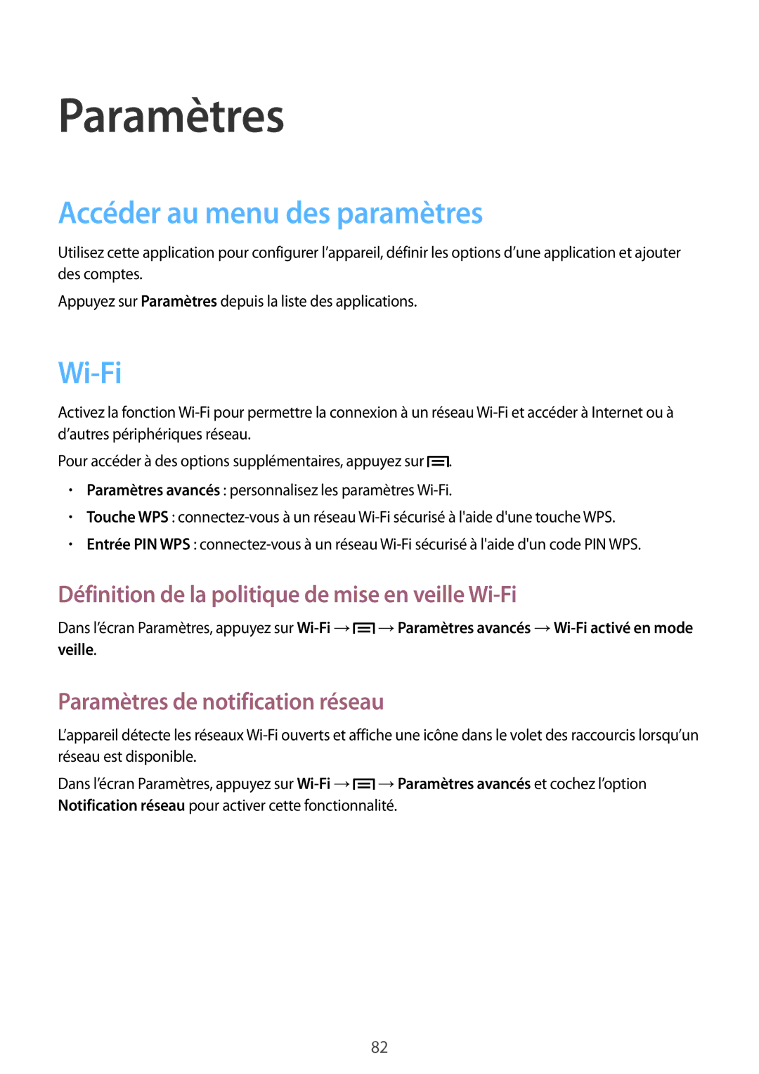 Samsung SM-T2100GNABGL, SM-T2100ZWABGL manual Accéder au menu des paramètres, Wi-Fi, Paramètres de notification réseau 