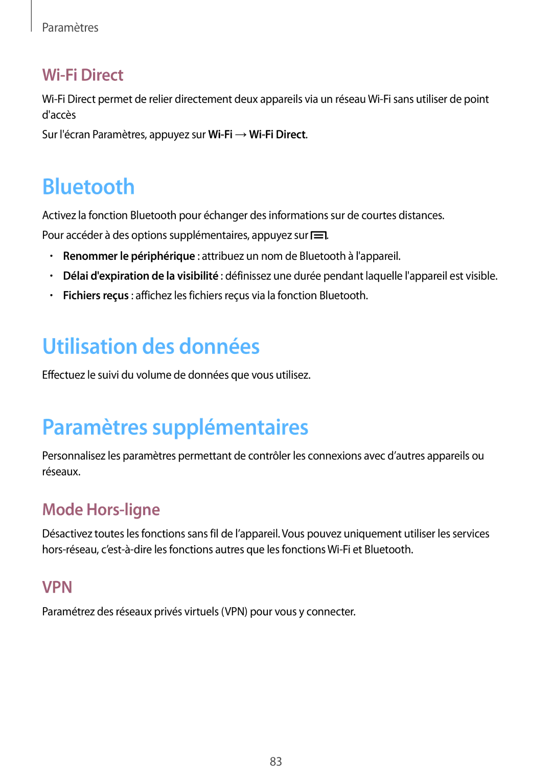 Samsung SM-T2100MKABGL, SM-T2100ZWABGL Utilisation des données, Paramètres supplémentaires, Wi-Fi Direct, Mode Hors-ligne 