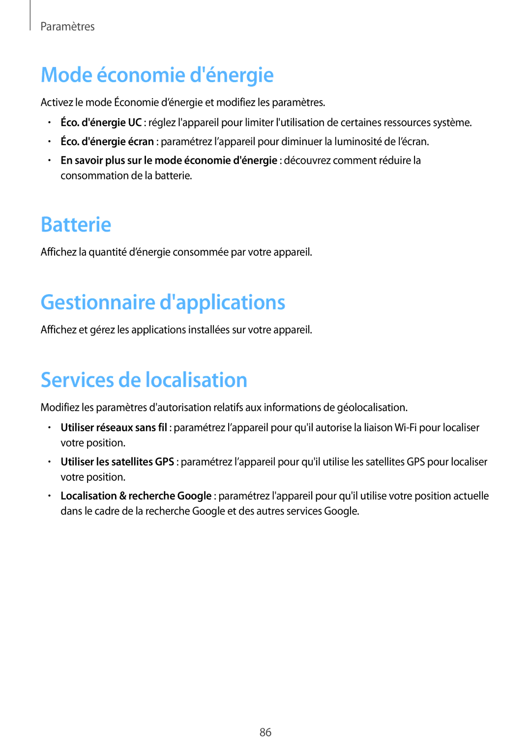 Samsung SM-T2100MKABGL manual Mode économie dénergie, Batterie, Gestionnaire dapplications, Services de localisation 