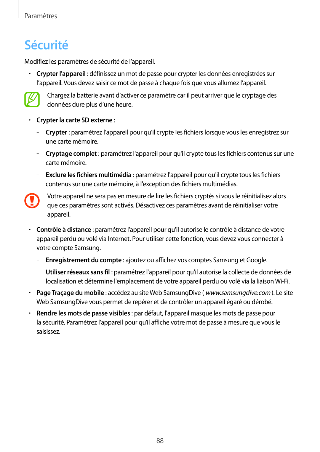 Samsung SM-T2100GNABGL, SM-T2100ZWABGL, SM-T2100MKABGL manual Sécurité, Crypter la carte SD externe 